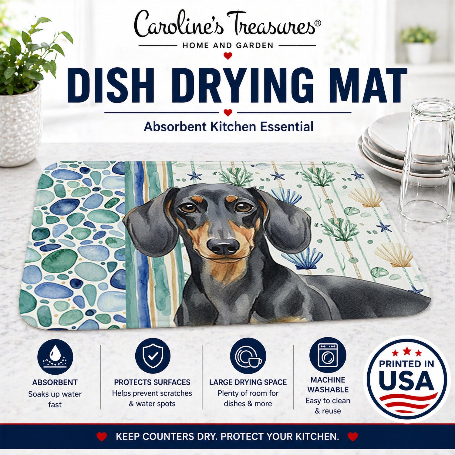 Black and Tan Dachshund Coastal Sea Glass Dish Drying Mat Absorbent Dish Drying Mat Pad for Kitchen Counter Dish Drainer Mat for Countertop, 14 x 21", Multicolor