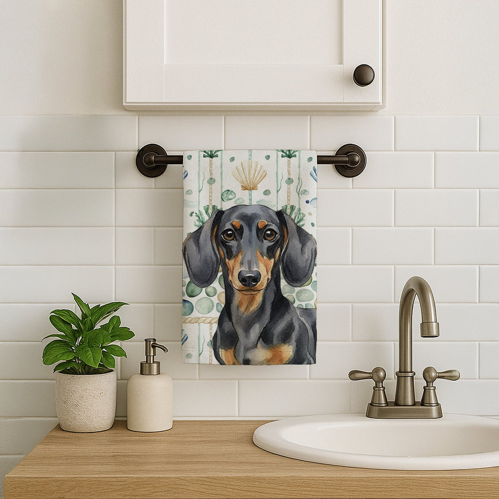 Black and Tan Dachshund Coastal Sea Glass Kitchen Towel Velour Plush Front and Cotton Loop Back Machine Washable