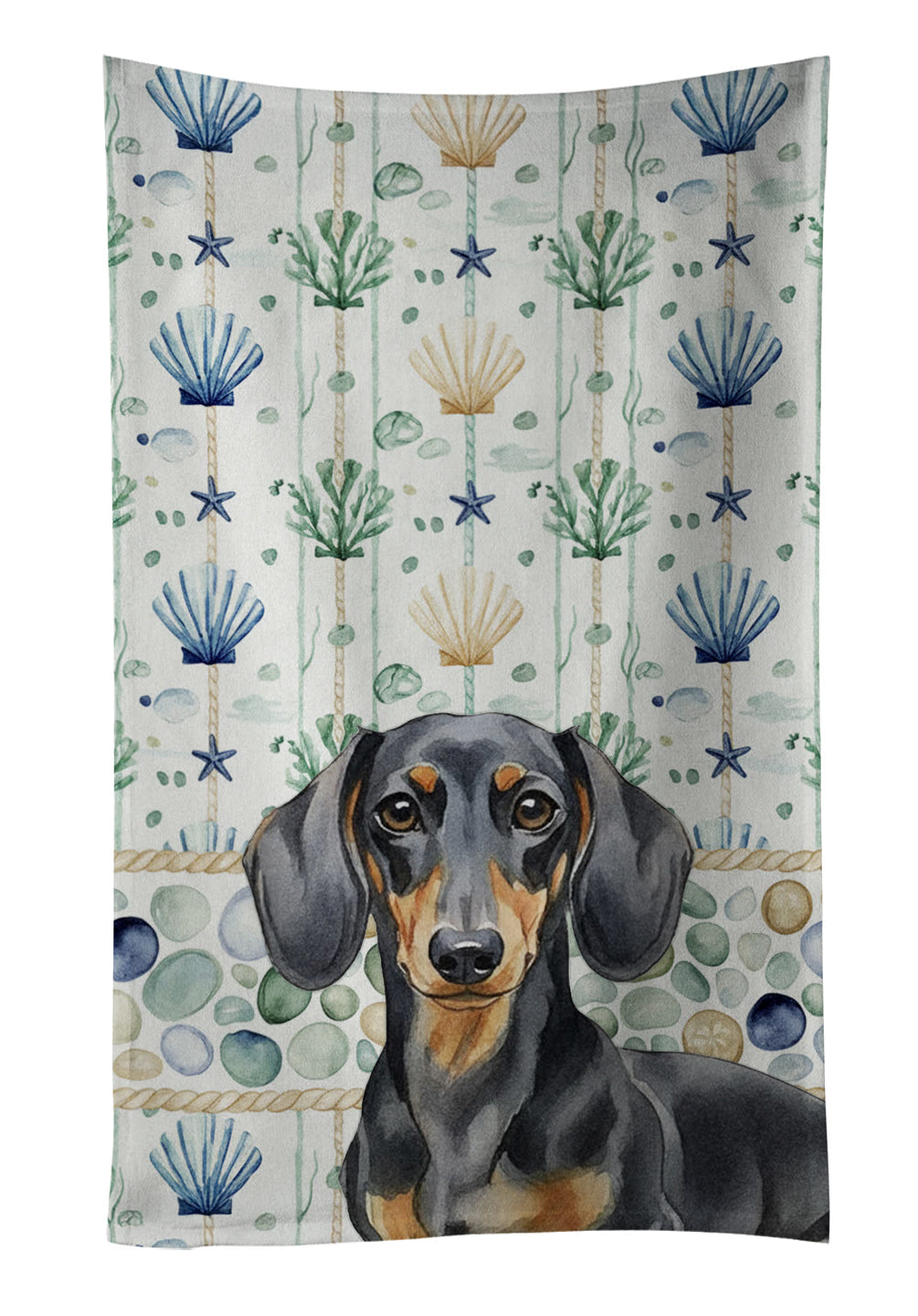 Black and Tan Dachshund Coastal Sea Glass Kitchen Towel Velour Plush Front and Cotton Loop Back Machine Washable