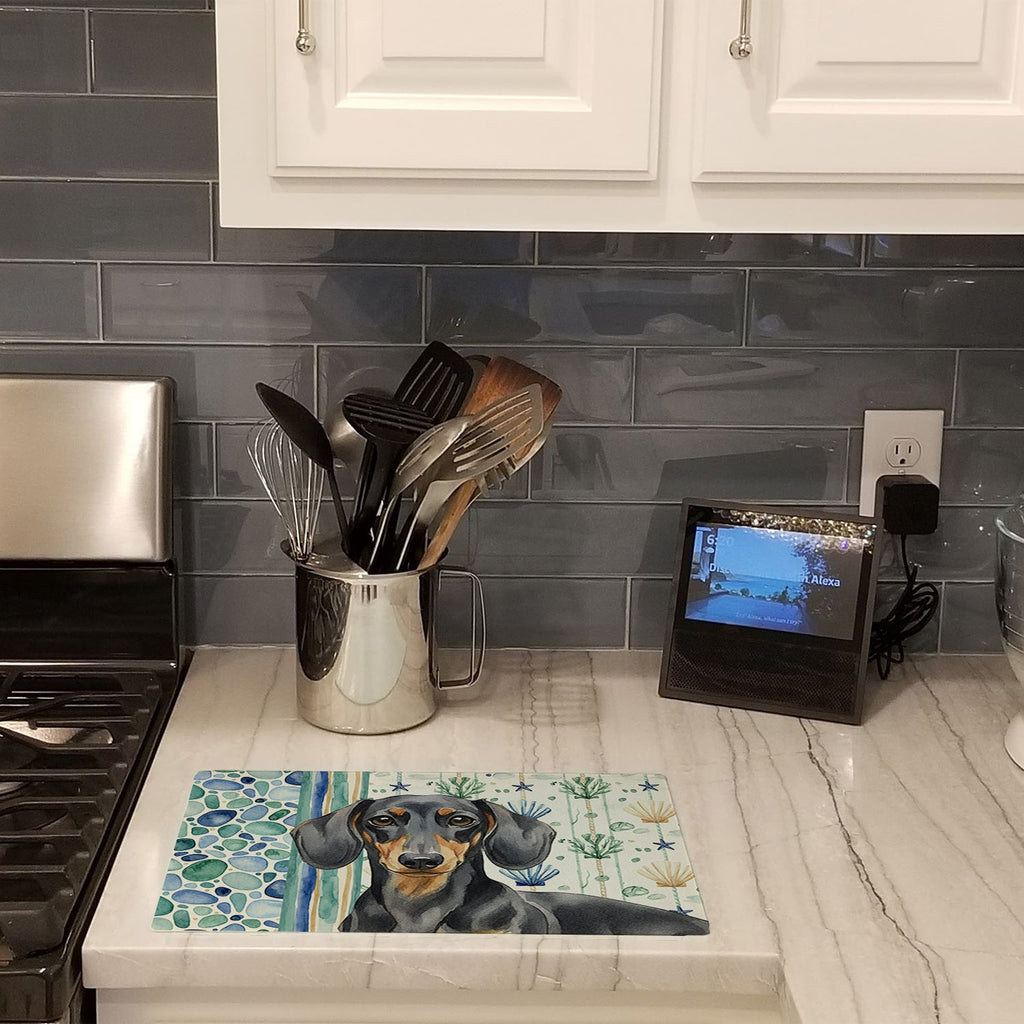 Black and Tan Dachshund Coastal Sea Glass Cutting Board Tempered Glass Kitchen Cutting Surface, Heat Resistant Chopping, Non-Slip Feet, Food Prep & Serving