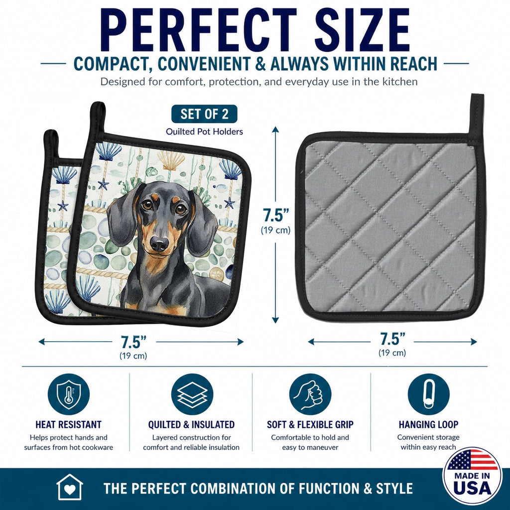 Black and Tan Dachshund Coastal Sea Glass Pot Holder Set of 2 Heat Resistant Quilted Hot Pads 7.5 x 7.5 Inch, Insulated Kitchen Trivets for Cooking & Baking