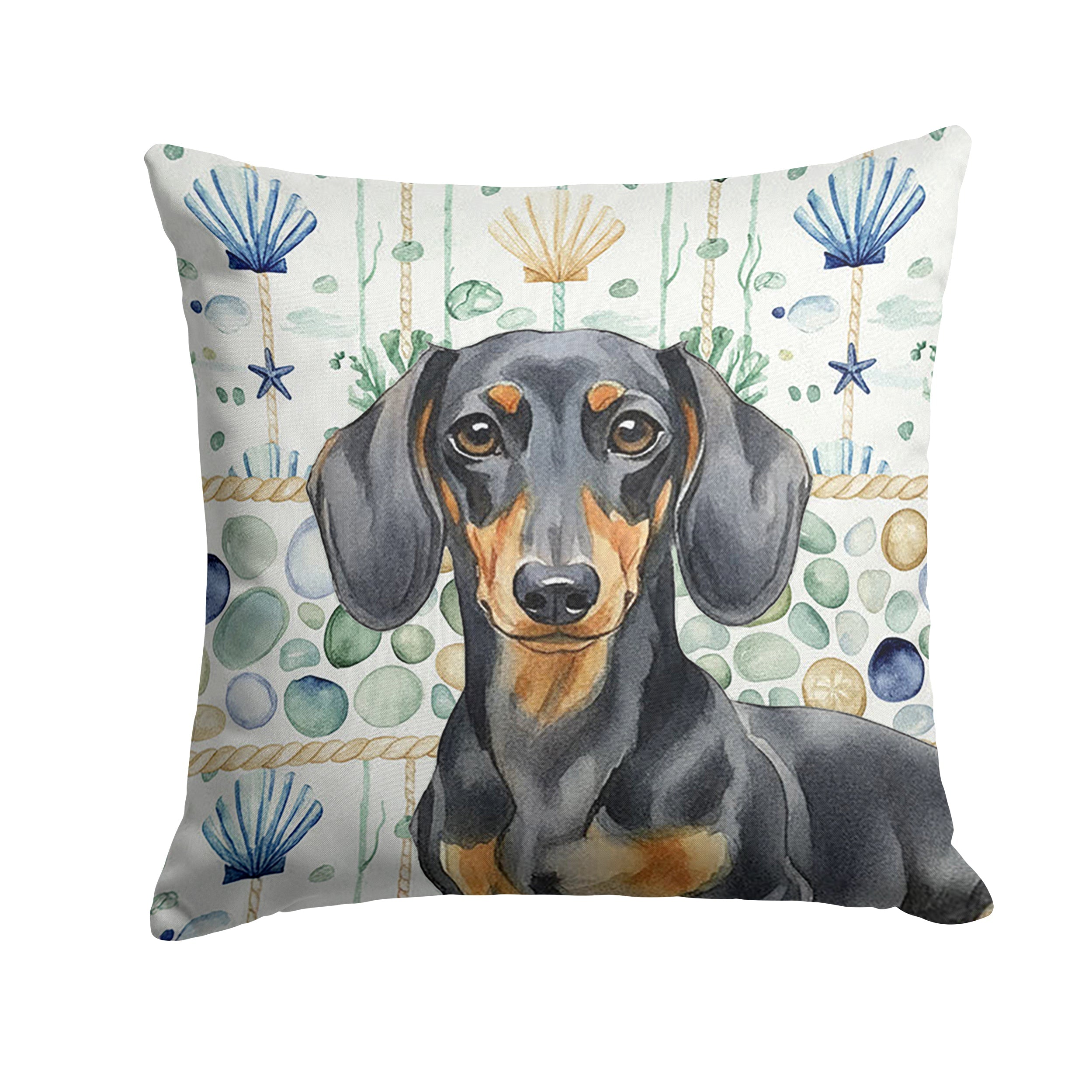 Black and Tan Dachshund Coastal Sea Glass Decorative Throw Pillow 14x14 Indoor Outdoor Accent Cushion, Fabric Cover with Insert for Sofa, Bed, Porch & Living Room
