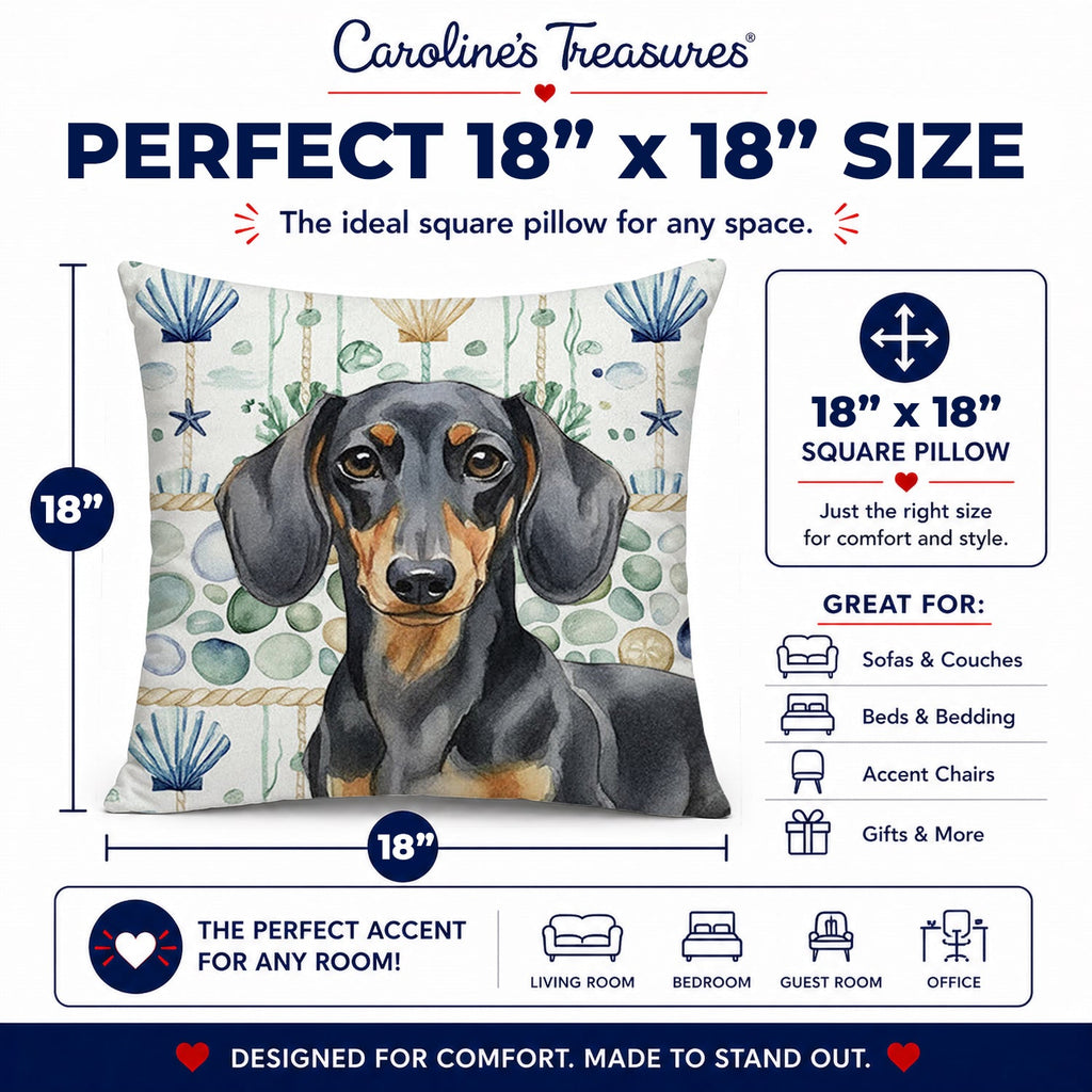 Black and Tan Dachshund Coastal Sea Glass Decorative Throw Pillow 18x18 Indoor Outdoor Accent Cushion, Fabric Cover with Insert for Sofa, Bed, Porch & Living Room