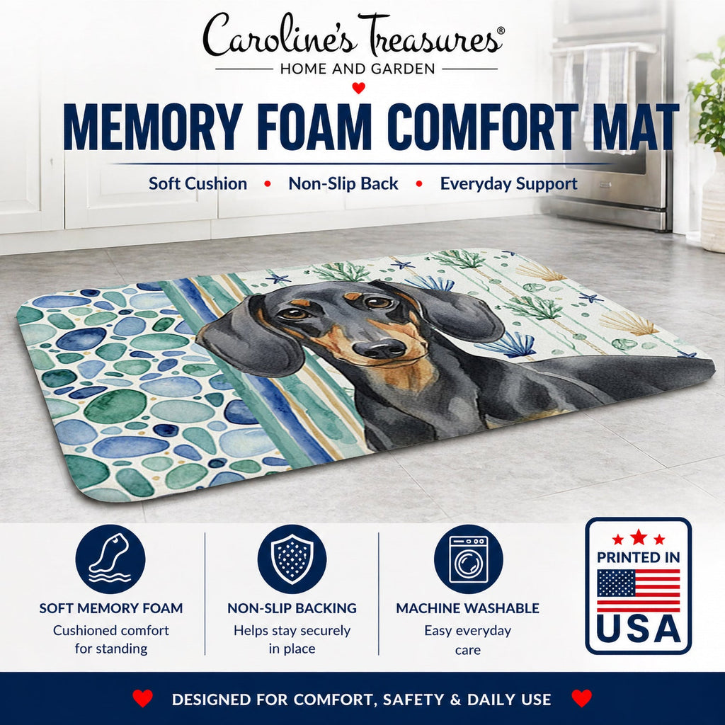 Black and Tan Dachshund Coastal Sea Glass Memory Foam Kitchen Mat Machine Washable Anti-Fatigue Cushion Comfort Bath or Kitchen Rug