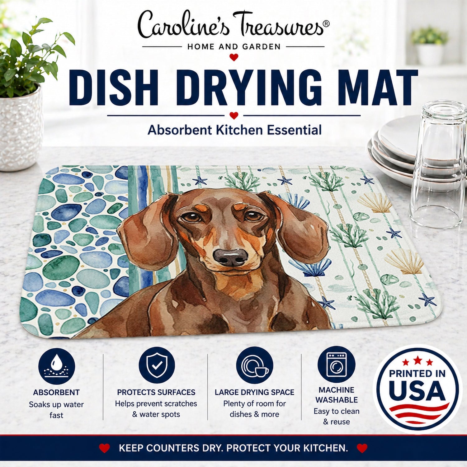 Chocolate and Tan Dachshund Coastal Sea Glass Dish Drying Mat Absorbent Dish Drying Mat Pad for Kitchen Counter Dish Drainer Mat for Countertop, 14 x 21", Multicolor