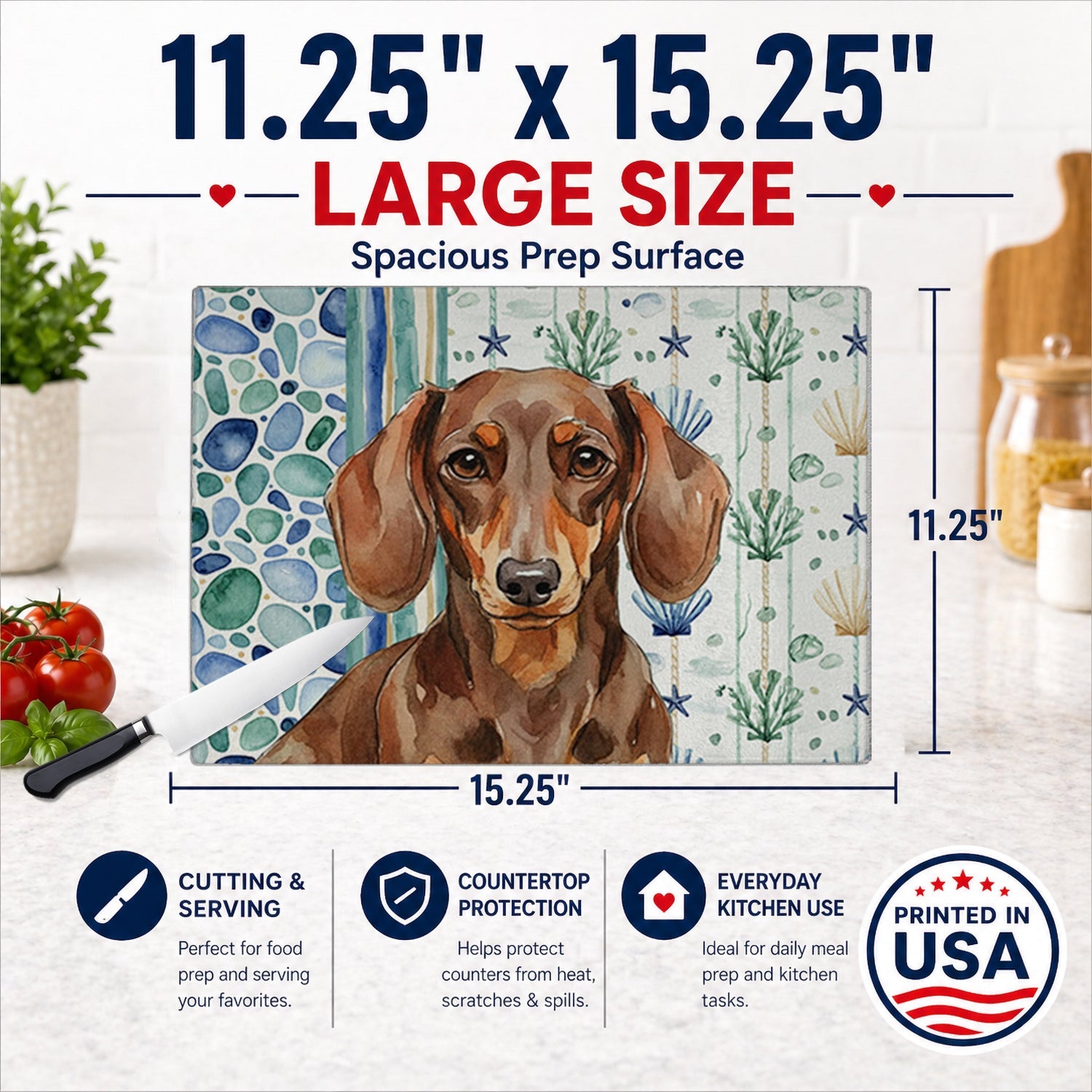 Chocolate and Tan Dachshund Coastal Sea Glass Cutting Board Tempered Glass Kitchen Cutting Surface, Heat Resistant Chopping, Non-Slip Feet, Food Prep & Serving