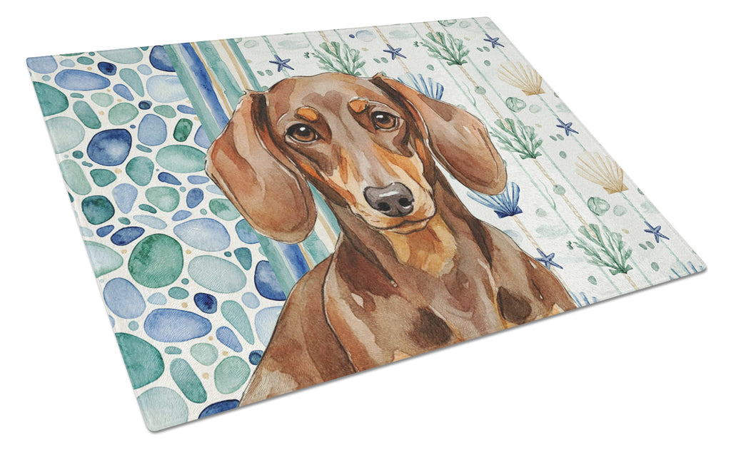 Chocolate and Tan Dachshund Coastal Sea Glass Cutting Board Tempered Glass Kitchen Cutting Surface, Heat Resistant Chopping, Non-Slip Feet, Food Prep & Serving