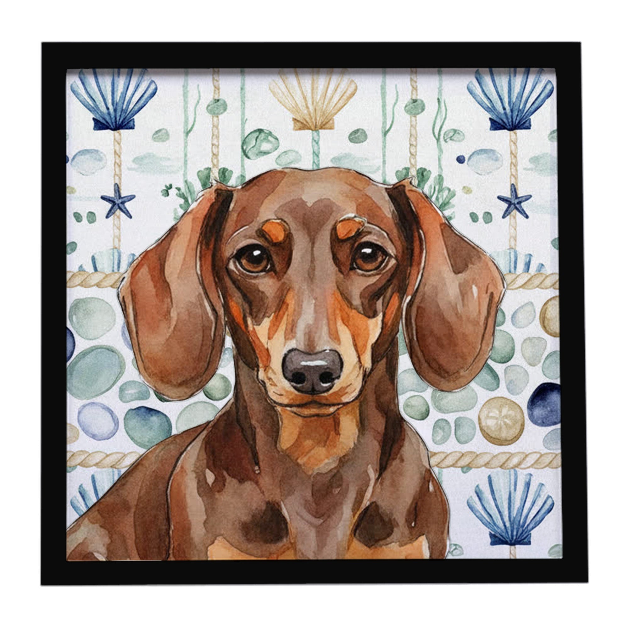 Chocolate and Tan Dachshund Coastal Sea Glass Framed Metal Print Bathroom, Kitchen, Office, Home Decor Wall Art Ready to Hang, Square, 8X8