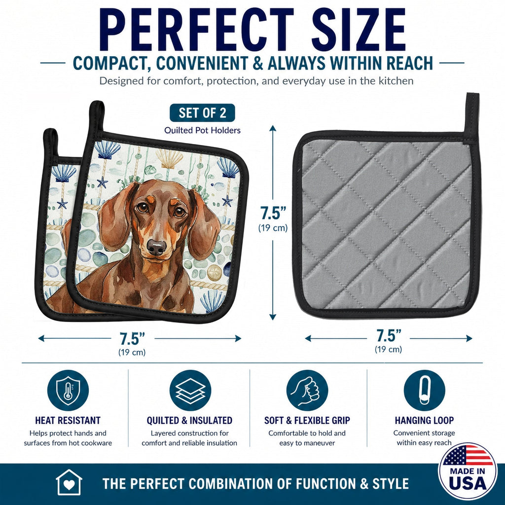 Chocolate and Tan Dachshund Coastal Sea Glass Pot Holder Set of 2 Heat Resistant Quilted Hot Pads 7.5 x 7.5 Inch, Insulated Kitchen Trivets for Cooking & Baking