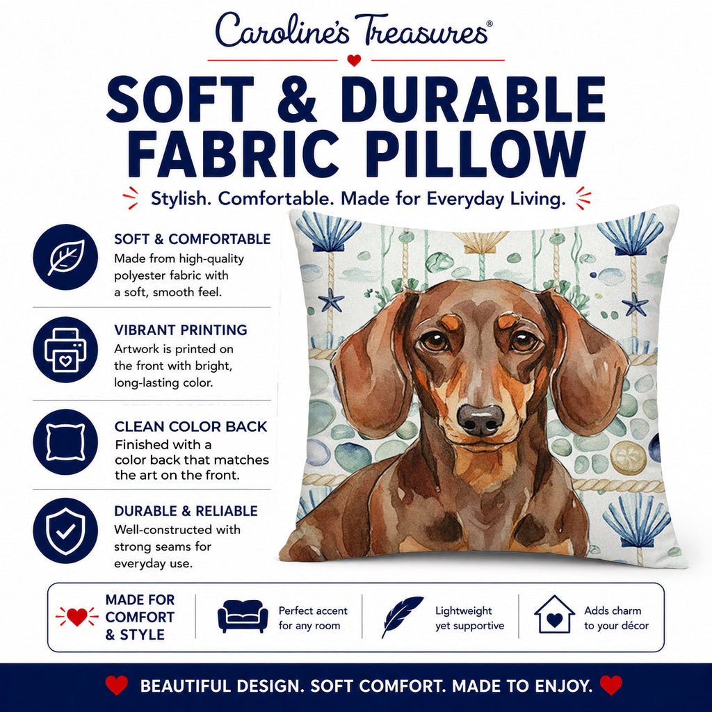 Chocolate and Tan Dachshund Coastal Sea Glass Decorative Throw Pillow 14x14 Indoor Outdoor Accent Cushion, Fabric Cover with Insert for Sofa, Bed, Porch & Living Room