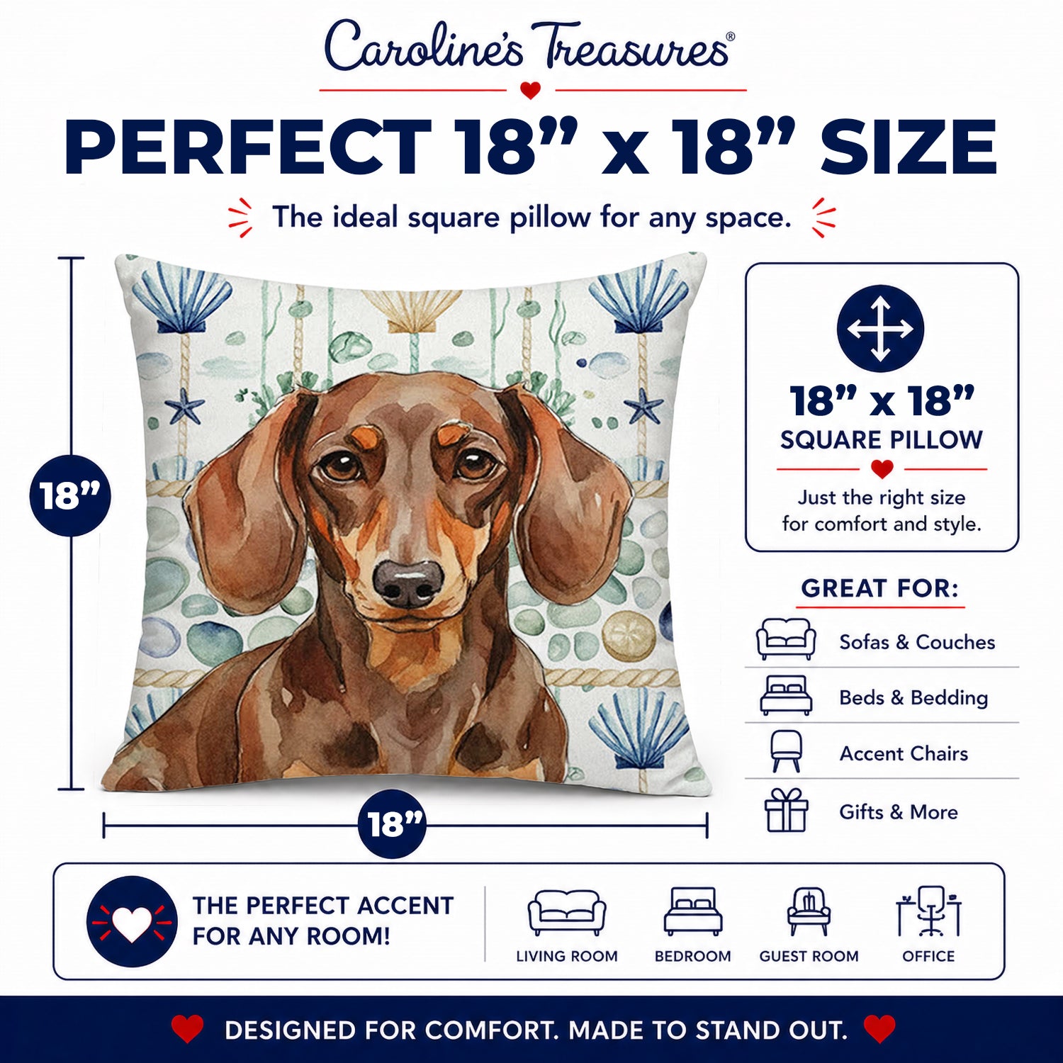 Chocolate and Tan Dachshund Coastal Sea Glass Decorative Throw Pillow 18x18 Indoor Outdoor Accent Cushion, Fabric Cover with Insert for Sofa, Bed, Porch & Living Room