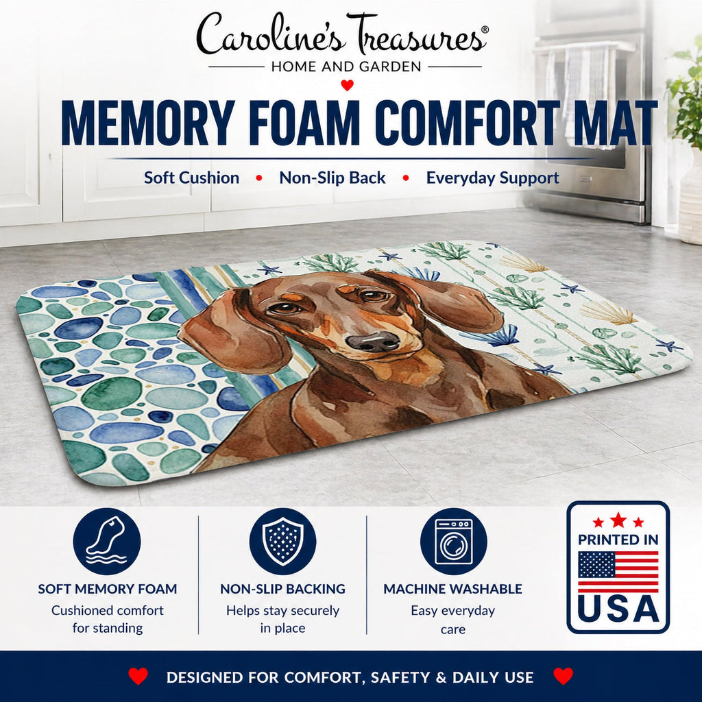 Chocolate and Tan Dachshund Coastal Sea Glass Memory Foam Kitchen Mat Machine Washable Anti-Fatigue Cushion Comfort Bath or Kitchen Rug