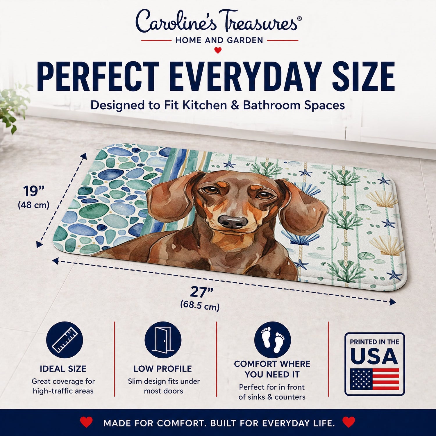 Chocolate and Tan Dachshund Coastal Sea Glass Memory Foam Kitchen Mat Machine Washable Anti-Fatigue Cushion Comfort Bath or Kitchen Rug