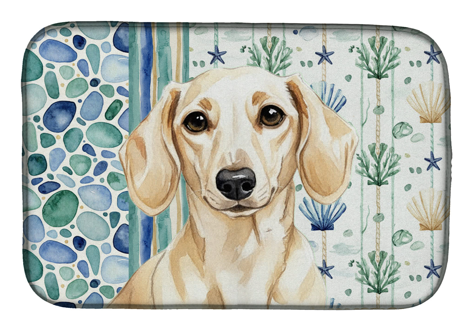 Cream Dachshund Coastal Sea Glass Dish Drying Mat Absorbent Dish Drying Mat Pad for Kitchen Counter Dish Drainer Mat for Countertop, 14 x 21", Multicolor