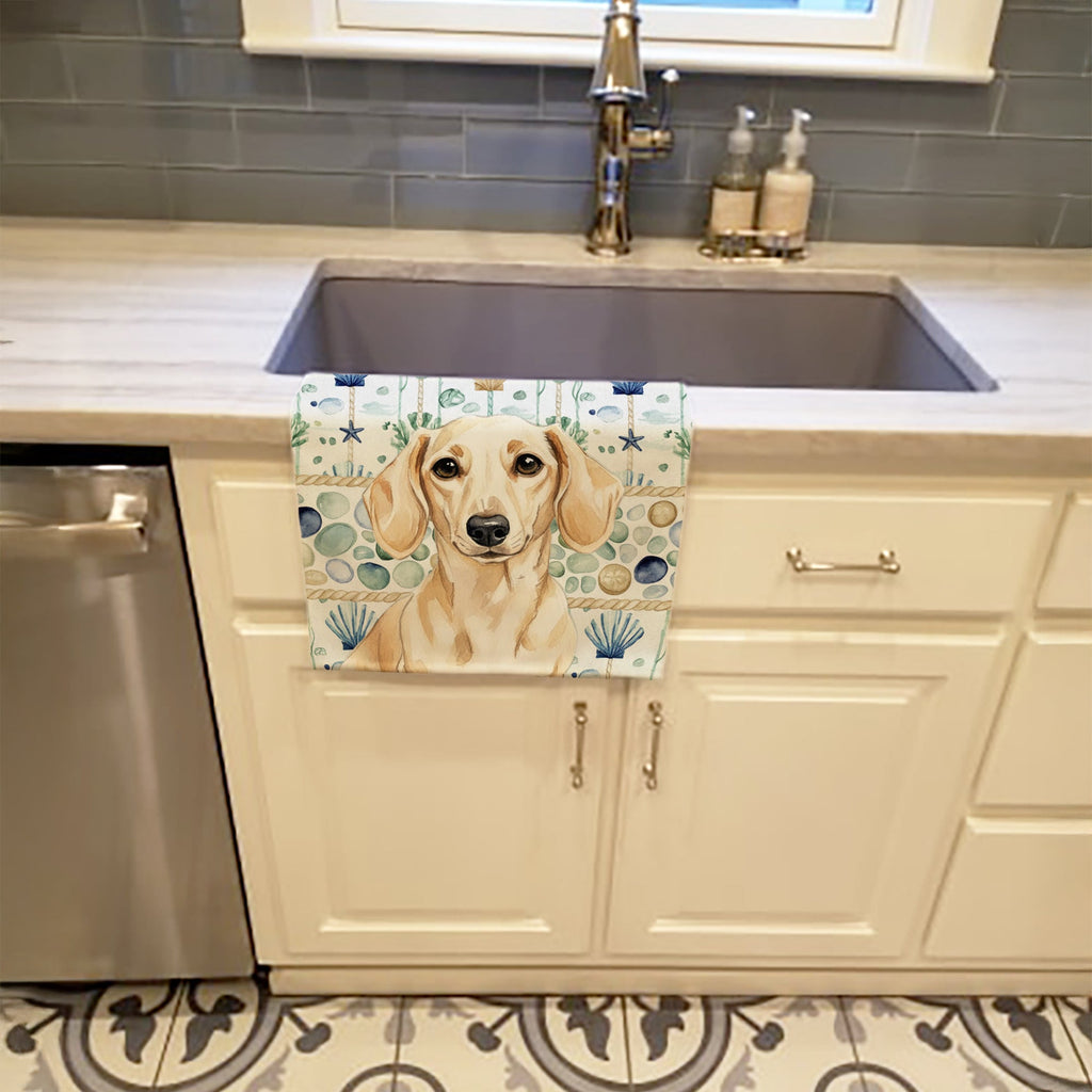 Cream Dachshund Coastal Sea Glass Kitchen Towel Velour Plush Front and Cotton Loop Back Machine Washable