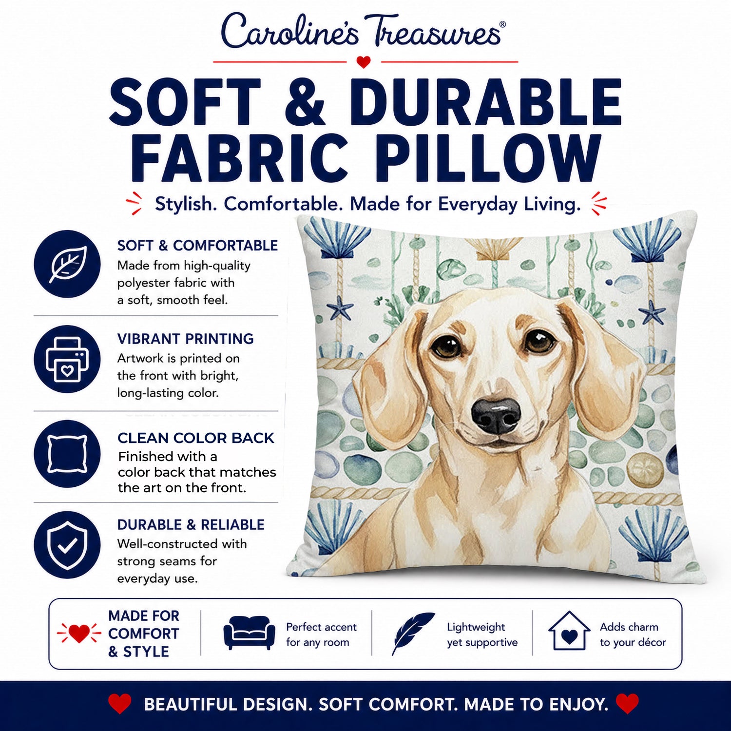 Cream Dachshund Coastal Sea Glass Decorative Throw Pillow 14x14 Indoor Outdoor Accent Cushion, Fabric Cover with Insert for Sofa, Bed, Porch & Living Room