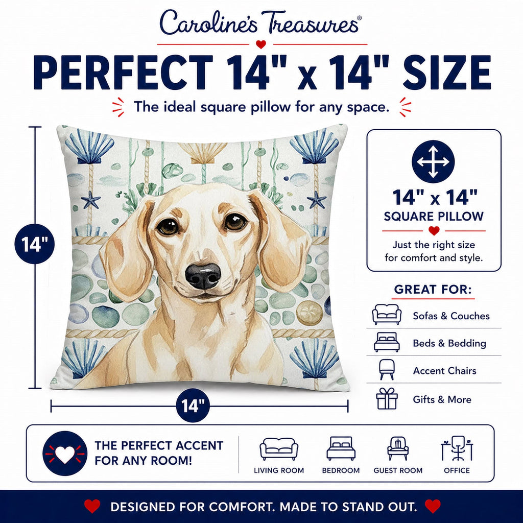 Cream Dachshund Coastal Sea Glass Decorative Throw Pillow 14x14 Indoor Outdoor Accent Cushion, Fabric Cover with Insert for Sofa, Bed, Porch & Living Room