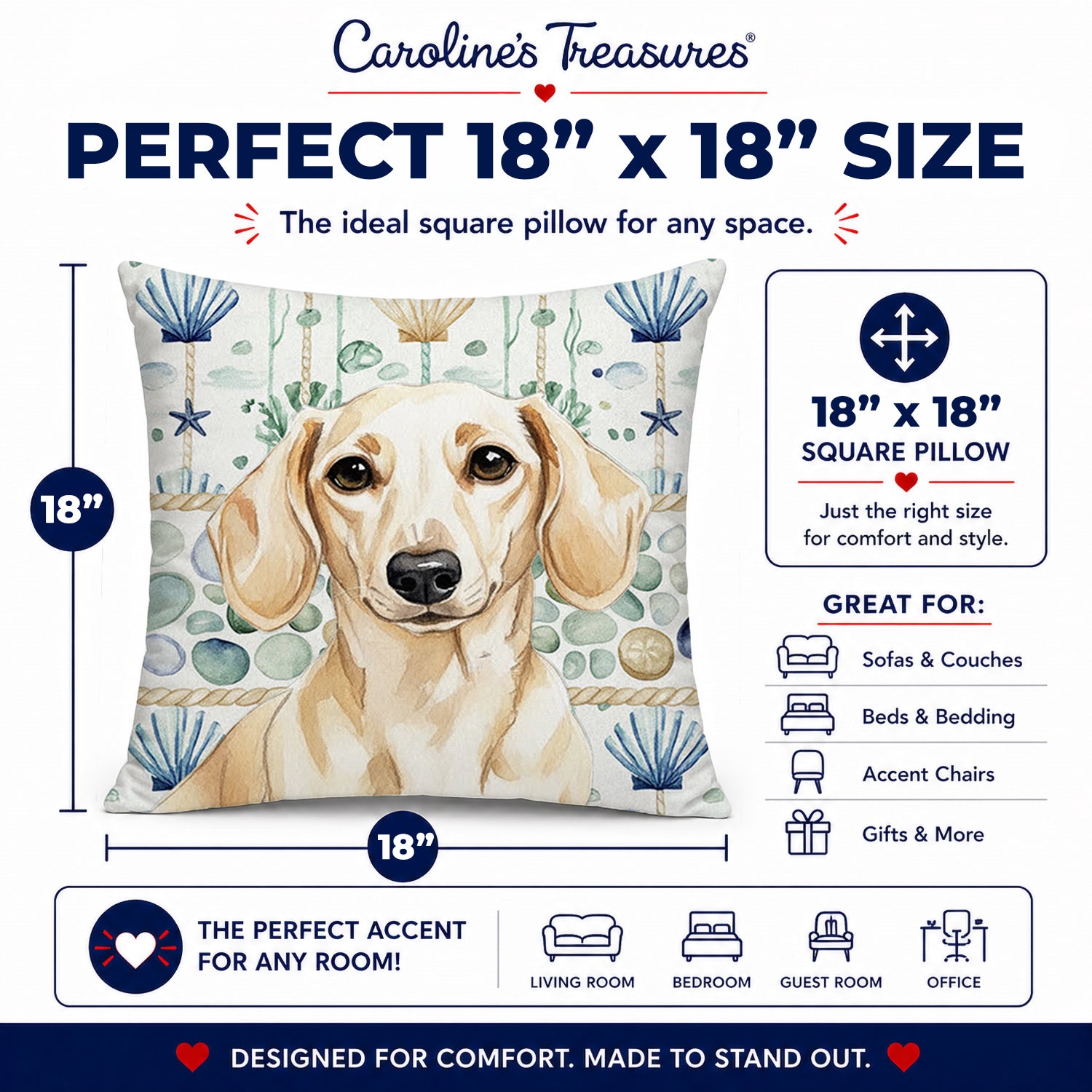 Cream Dachshund Coastal Sea Glass Decorative Throw Pillow 18x18 Indoor Outdoor Accent Cushion, Fabric Cover with Insert for Sofa, Bed, Porch & Living Room
