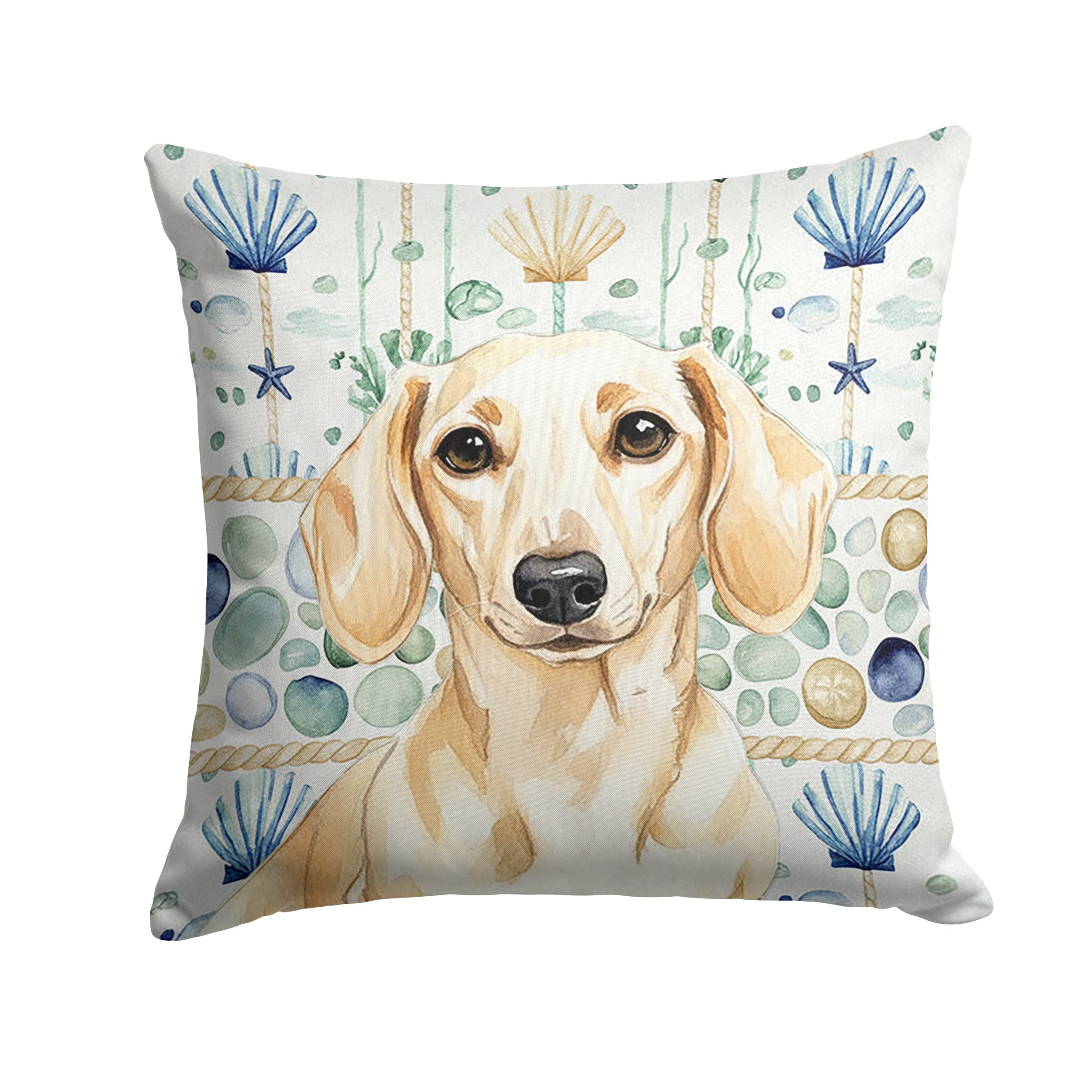 Cream Dachshund Coastal Sea Glass Decorative Throw Pillow 18x18 Indoor Outdoor Accent Cushion, Fabric Cover with Insert for Sofa, Bed, Porch & Living Room