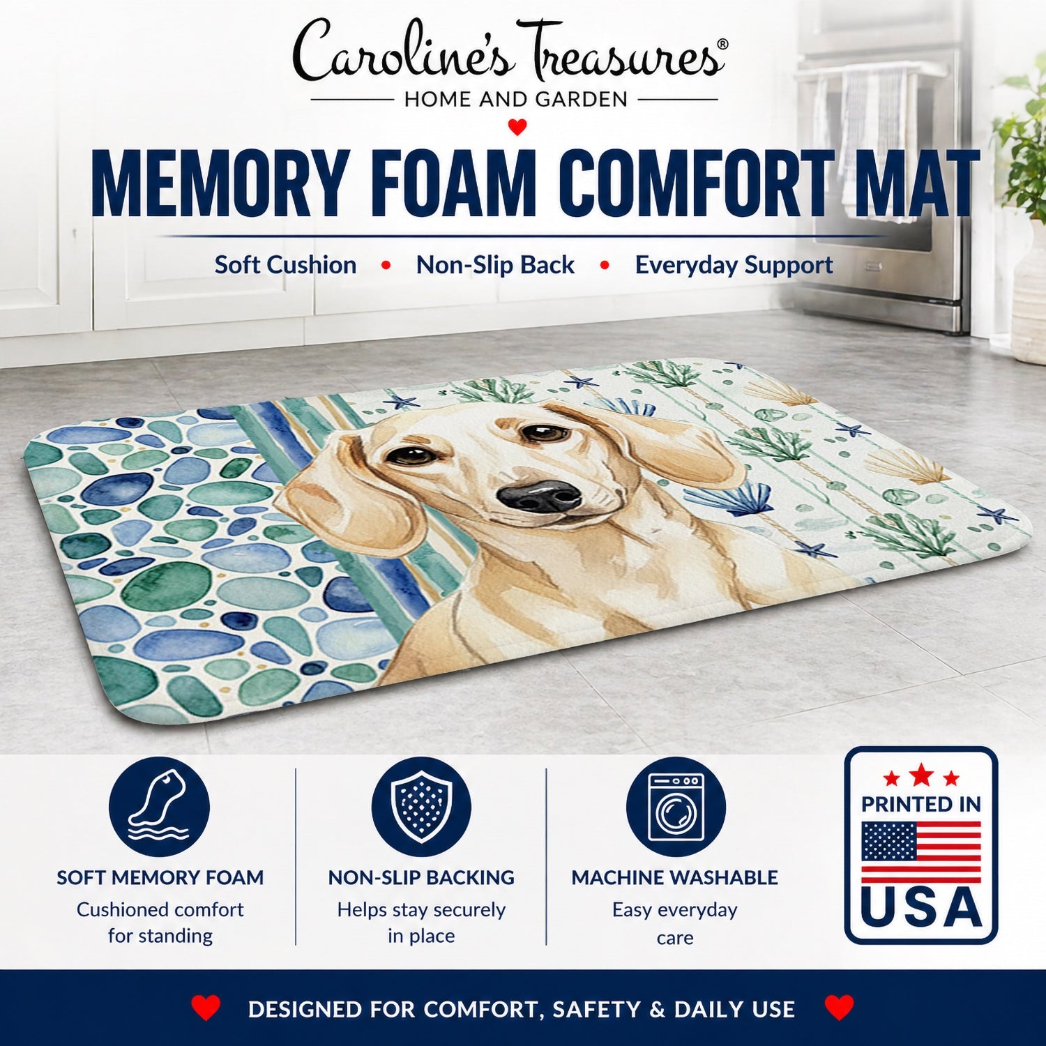 Cream Dachshund Coastal Sea Glass Memory Foam Kitchen Mat Machine Washable Anti-Fatigue Cushion Comfort Bath or Kitchen Rug