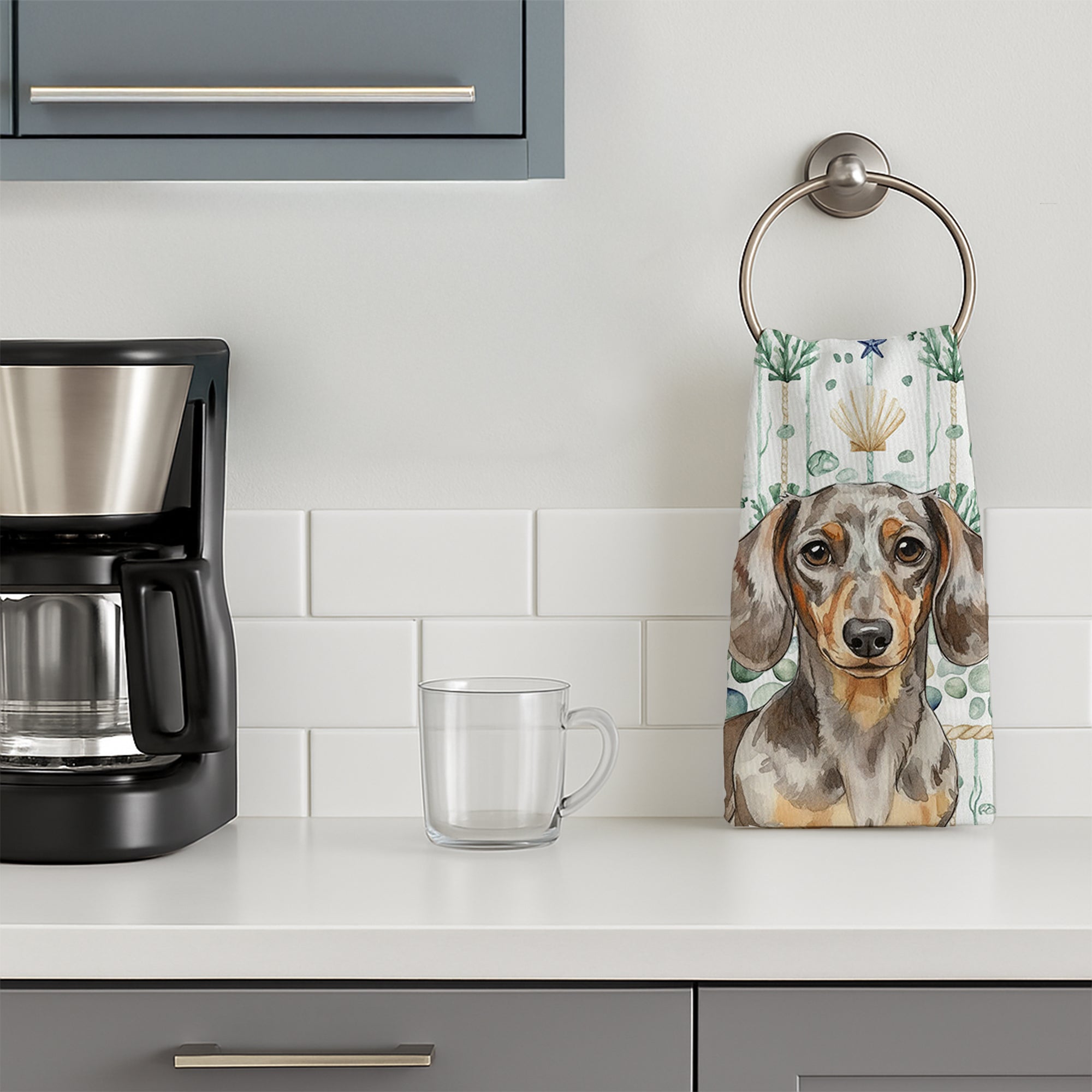 Dapple Dachshund Coastal Sea Glass Kitchen Towel Velour Plush Front and Cotton Loop Back Machine Washable