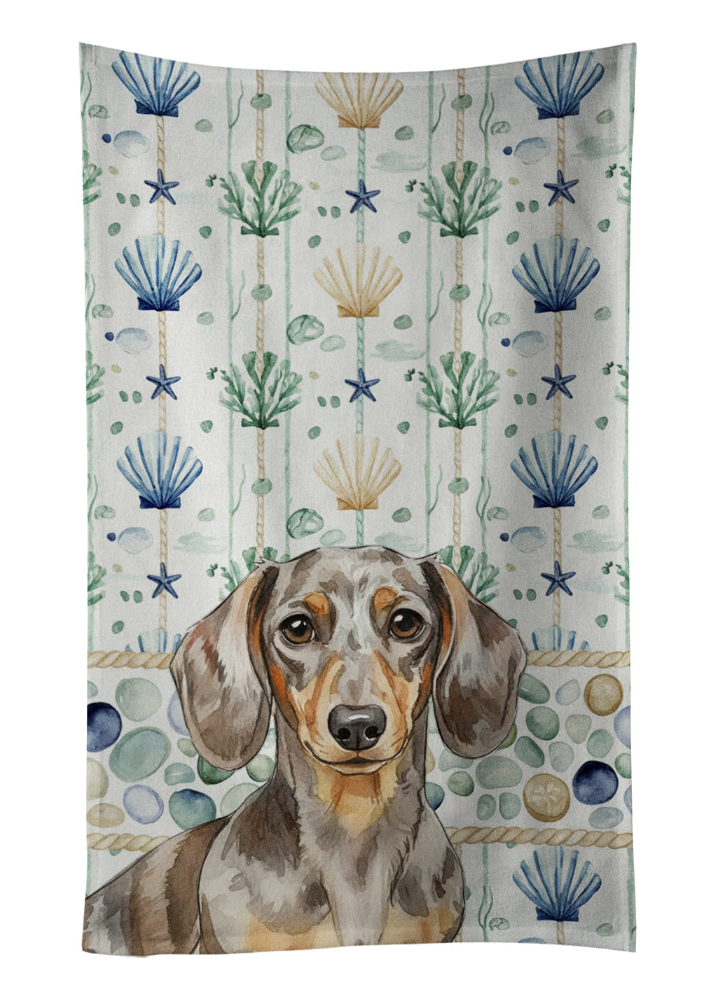 Dapple Dachshund Coastal Sea Glass Kitchen Towel Velour Plush Front and Cotton Loop Back Machine Washable
