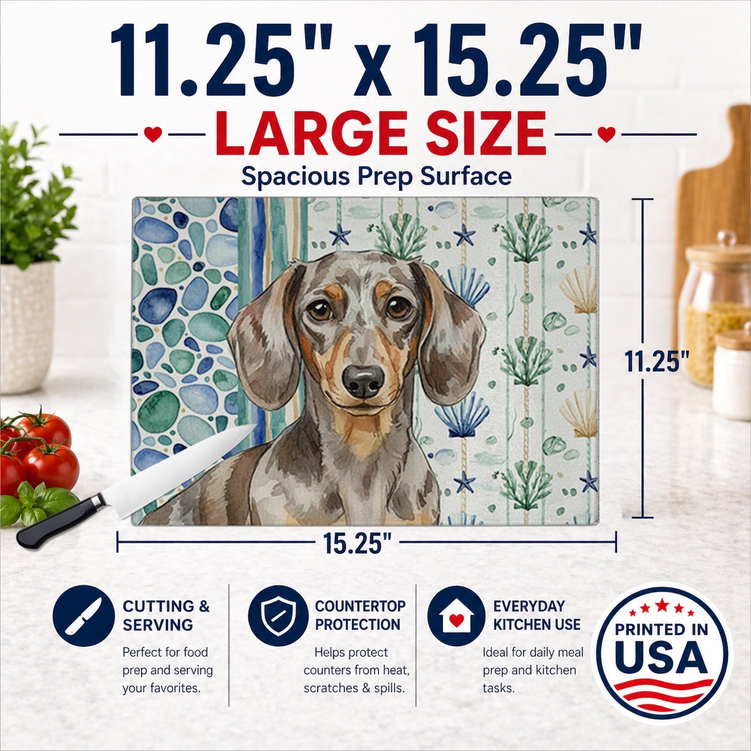 Dapple Dachshund Coastal Sea Glass Cutting Board Tempered Glass Kitchen Cutting Surface, Heat Resistant Chopping, Non-Slip Feet, Food Prep & Serving
