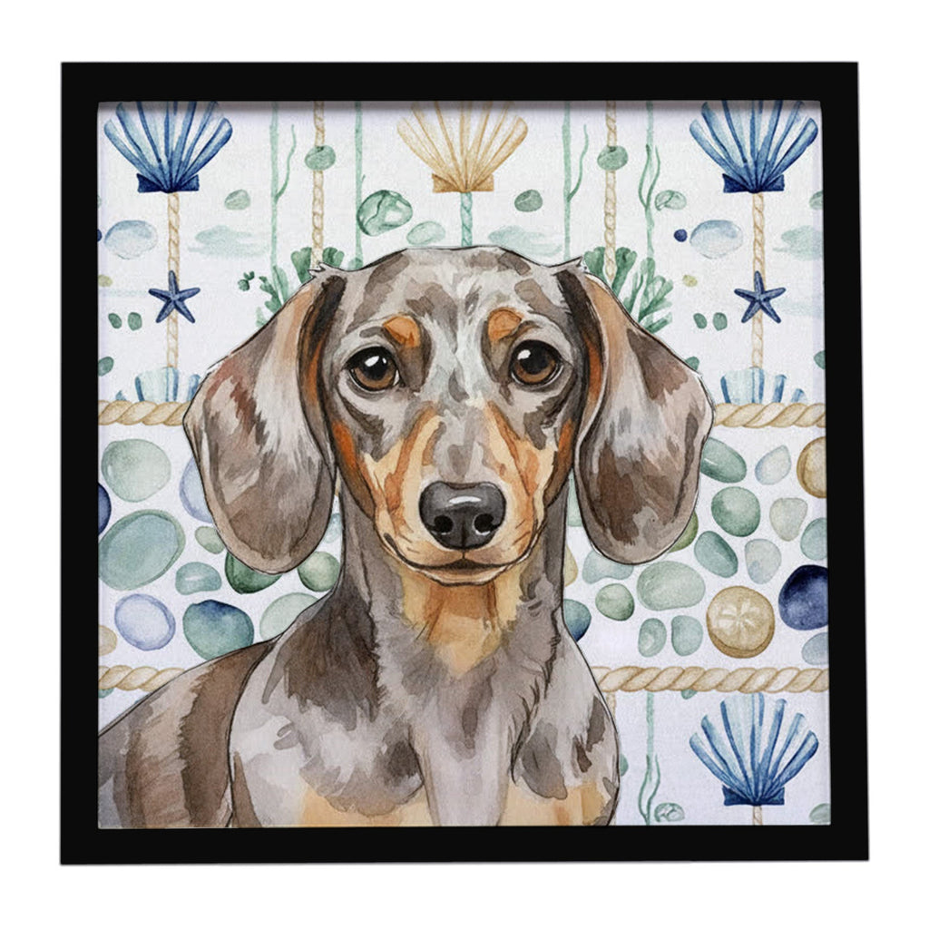 Dapple Dachshund Coastal Sea Glass Framed Metal Print Bathroom, Kitchen, Office, Home Decor Wall Art Ready to Hang, Square, 8X8