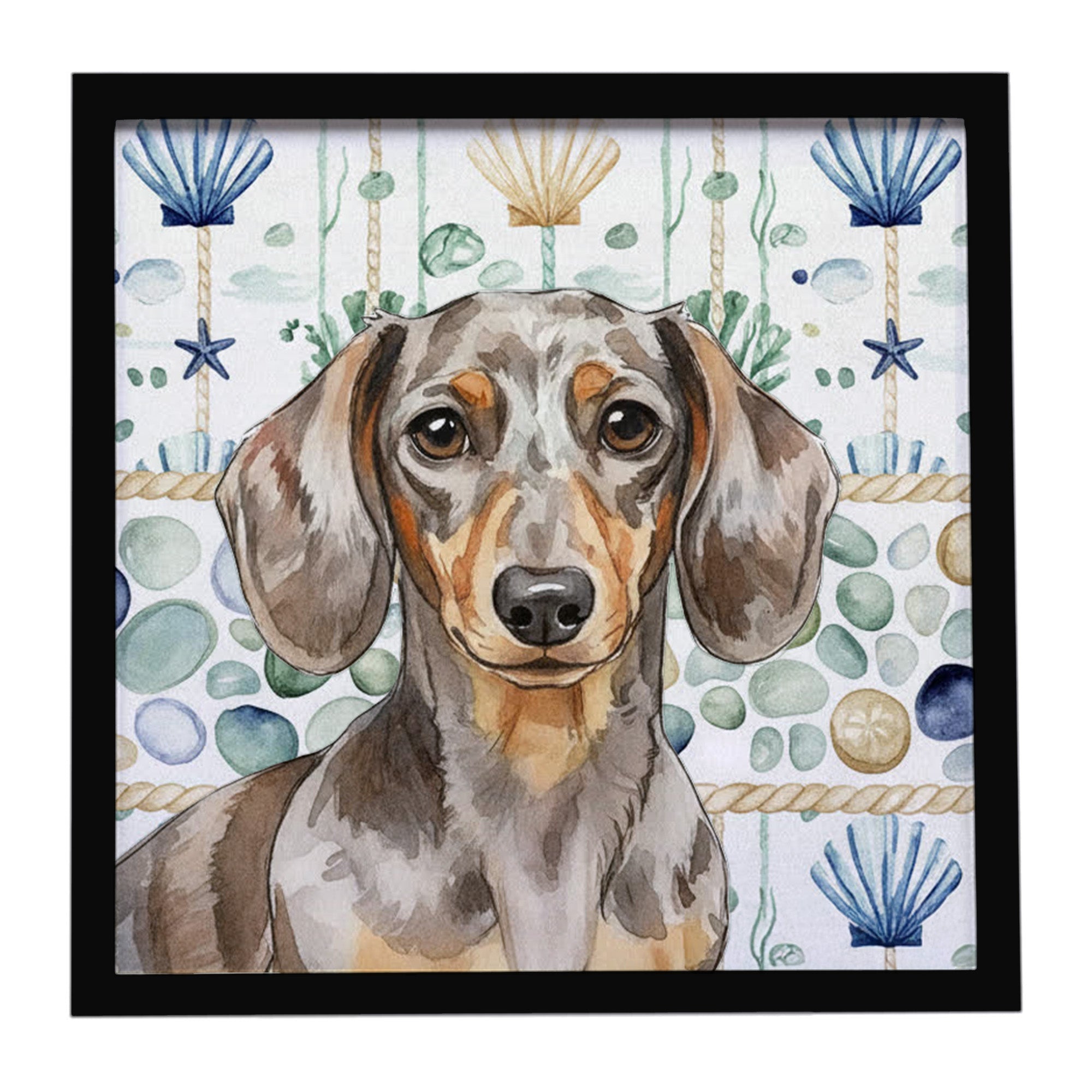 Dapple Dachshund Coastal Sea Glass Framed Metal Print Bathroom, Kitchen, Office, Home Decor Wall Art Ready to Hang, Square, 8X8