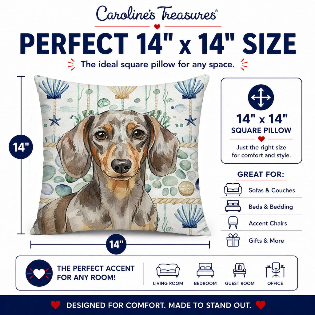 Dapple Dachshund Coastal Sea Glass Decorative Throw Pillow 14x14 Indoor Outdoor Accent Cushion, Fabric Cover with Insert for Sofa, Bed, Porch & Living Room
