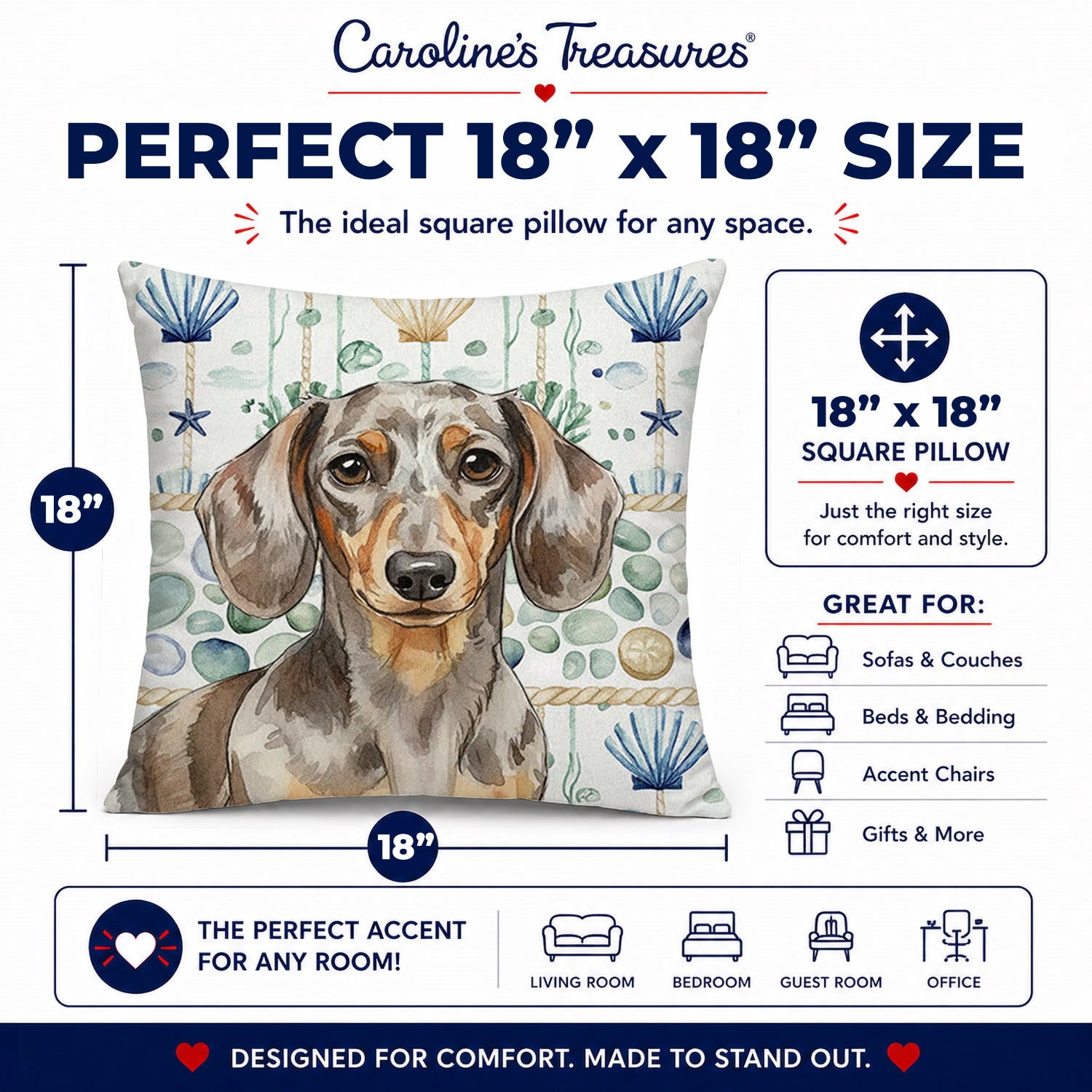 Dapple Dachshund Coastal Sea Glass Decorative Throw Pillow 18x18 Indoor Outdoor Accent Cushion, Fabric Cover with Insert for Sofa, Bed, Porch & Living Room