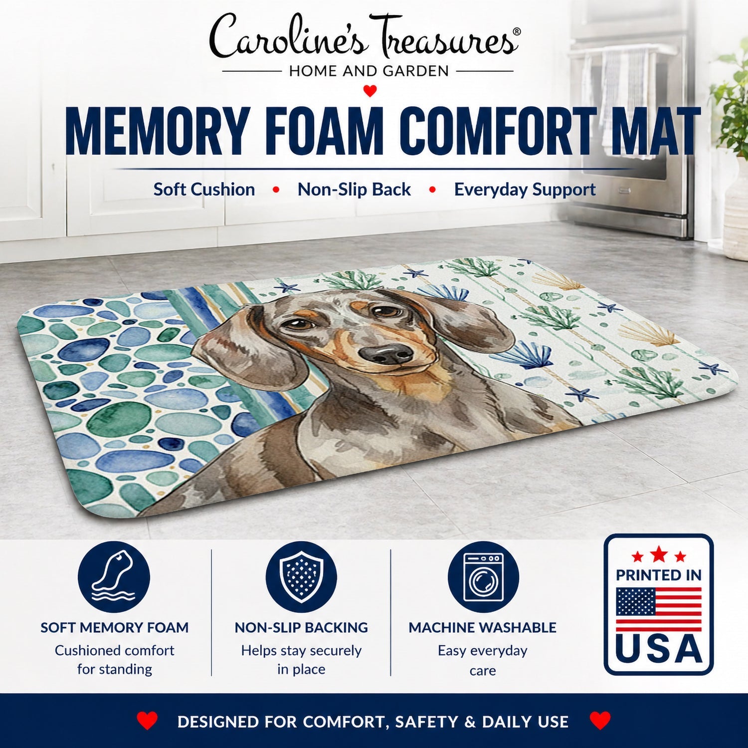 Dapple Dachshund Coastal Sea Glass Memory Foam Kitchen Mat Machine Washable Anti-Fatigue Cushion Comfort Bath or Kitchen Rug