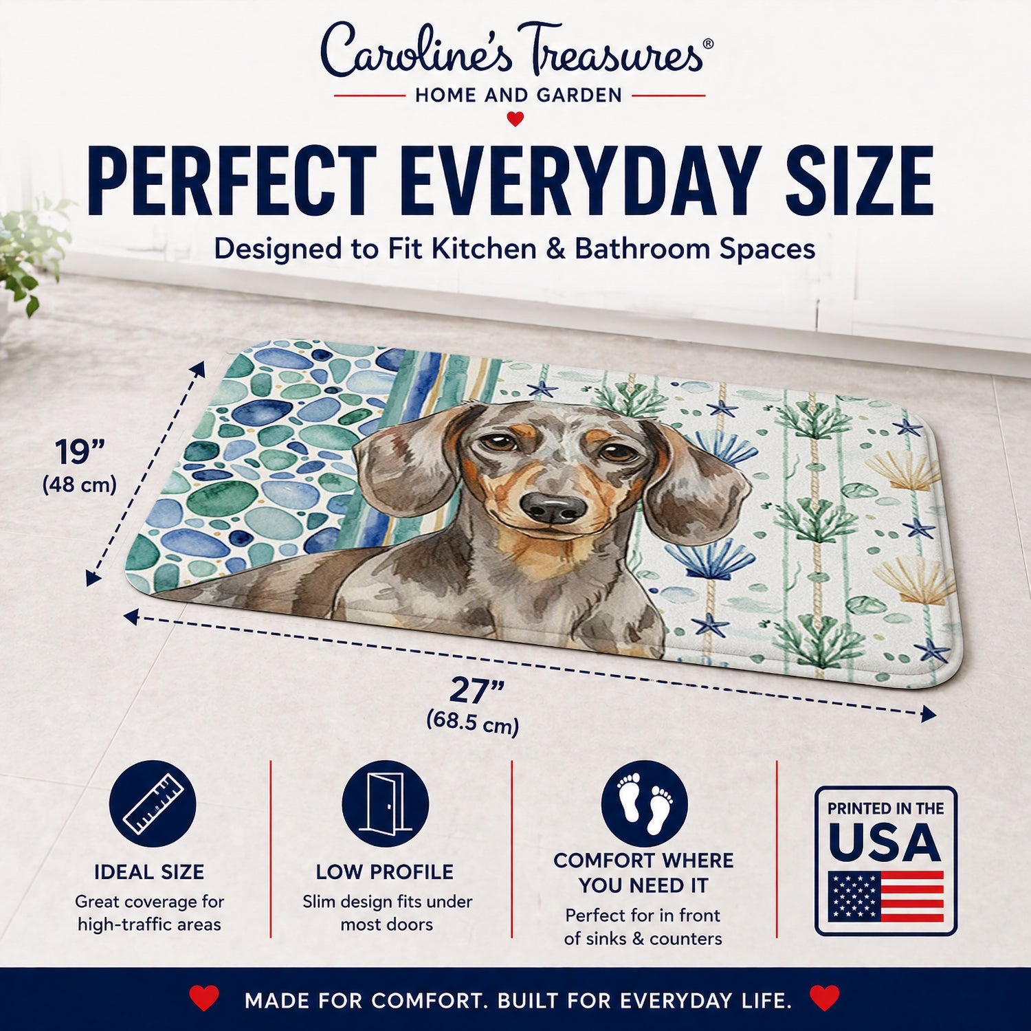 Dapple Dachshund Coastal Sea Glass Memory Foam Kitchen Mat Machine Washable Anti-Fatigue Cushion Comfort Bath or Kitchen Rug