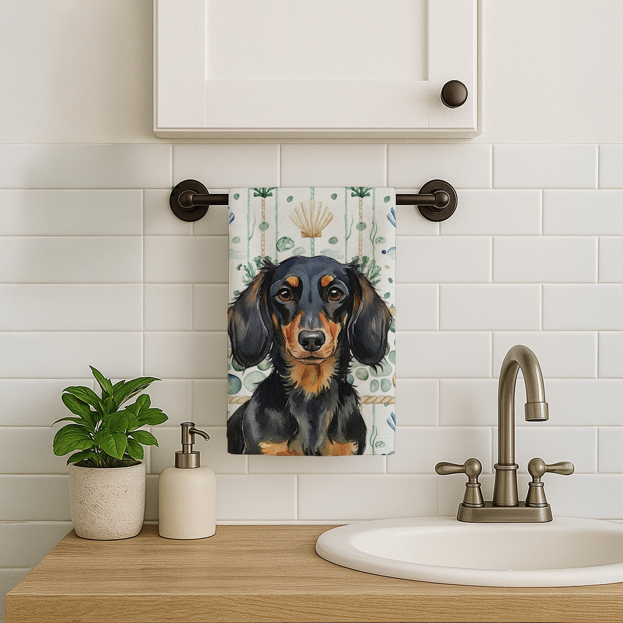 Longhaired Black and Tan Dachshund Coastal Sea Glass Kitchen Towel Velour Plush Front and Cotton Loop Back Machine Washable