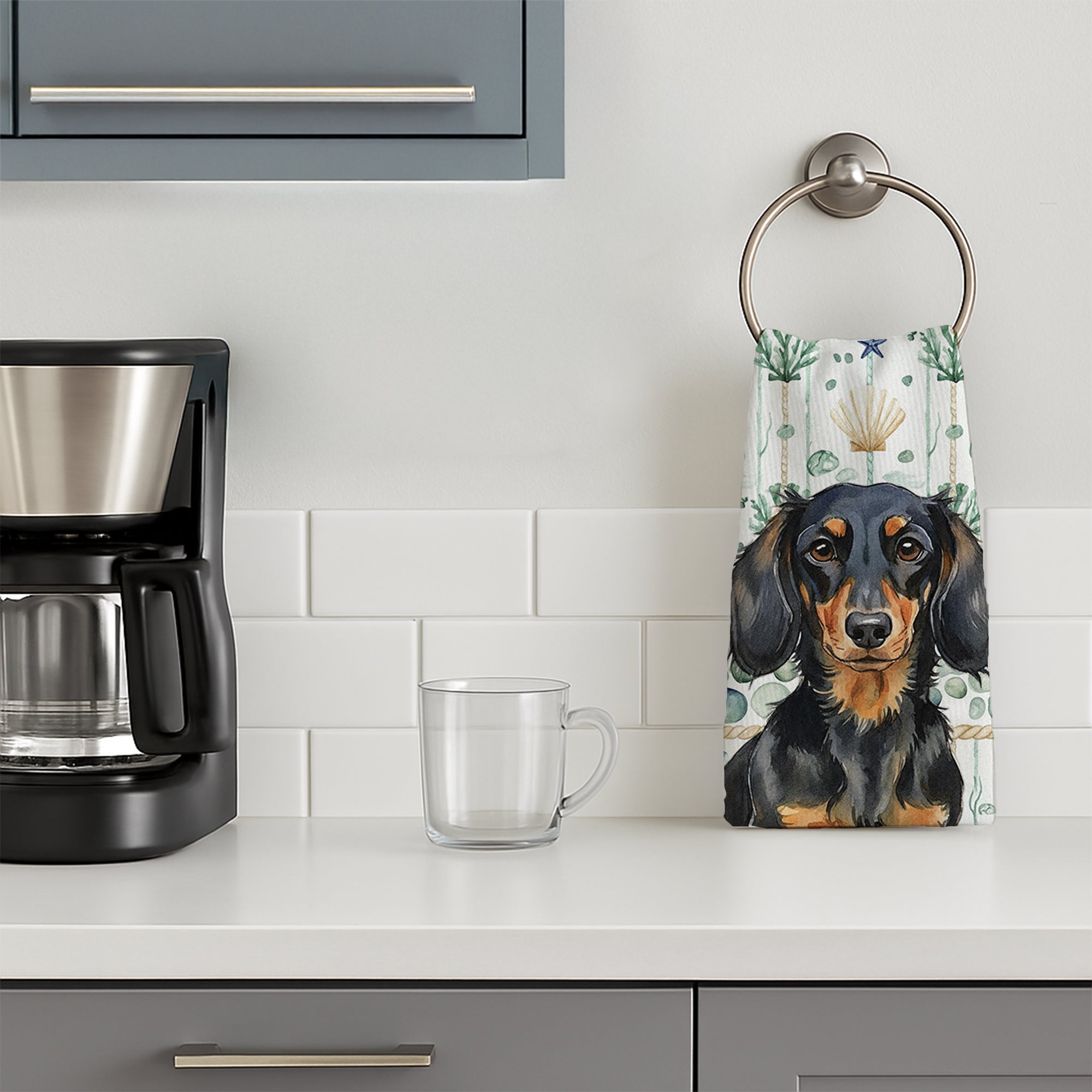 Longhaired Black and Tan Dachshund Coastal Sea Glass Kitchen Towel Velour Plush Front and Cotton Loop Back Machine Washable