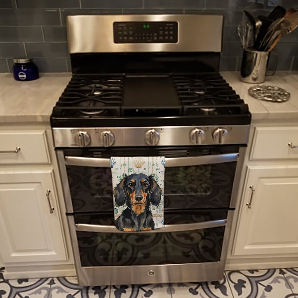 Longhaired Black and Tan Dachshund Coastal Sea Glass Kitchen Towel Velour Plush Front and Cotton Loop Back Machine Washable