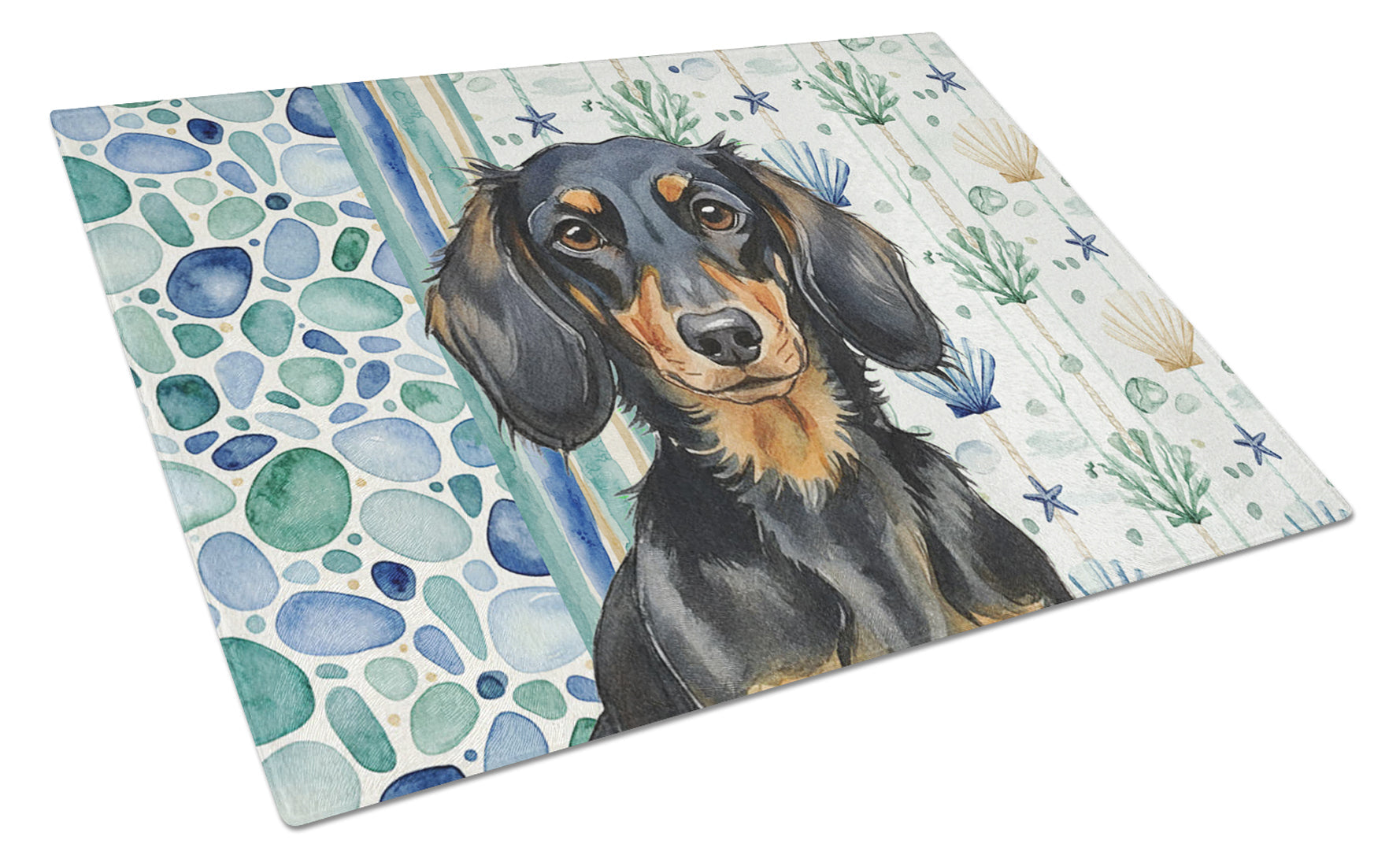 Longhaired Black and Tan Dachshund Coastal Sea Glass Cutting Board Tempered Glass Kitchen Cutting Surface, Heat Resistant Chopping, Non-Slip Feet, Food Prep & Serving