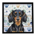 Longhaired Black and Tan Dachshund Coastal Sea Glass Framed Metal Print Bathroom, Kitchen, Office, Home Decor Wall Art Ready to Hang, Square, 8X8