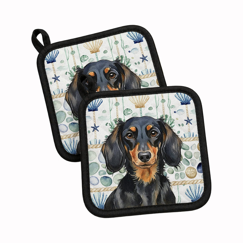 Longhaired Black and Tan Dachshund Coastal Sea Glass Pot Holder Set of 2 Heat Resistant Quilted Hot Pads 7.5 x 7.5 Inch, Insulated Kitchen Trivets for Cooking & Baking