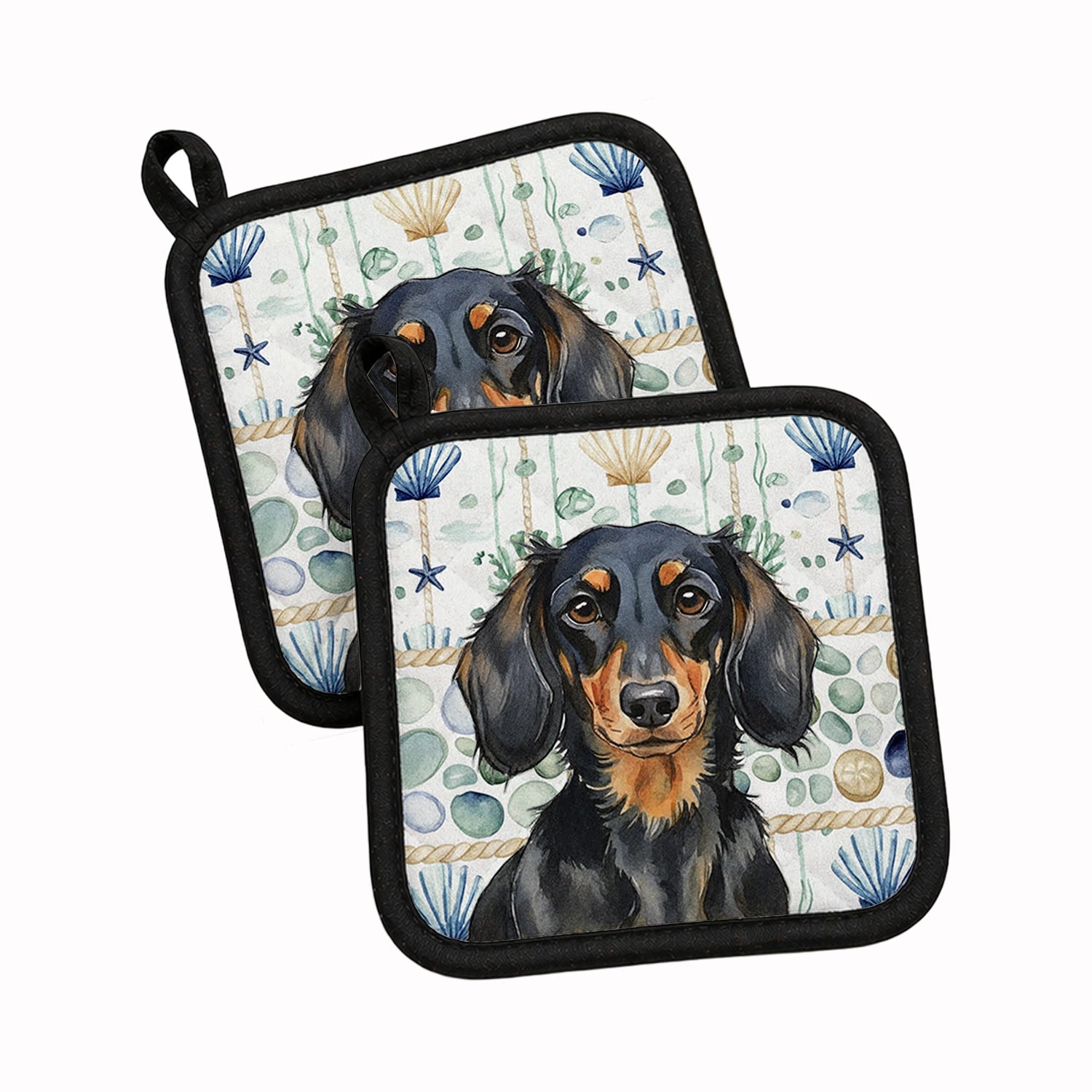 Longhaired Black and Tan Dachshund Coastal Sea Glass Pot Holder Set of 2 Heat Resistant Quilted Hot Pads 7.5 x 7.5 Inch, Insulated Kitchen Trivets for Cooking & Baking
