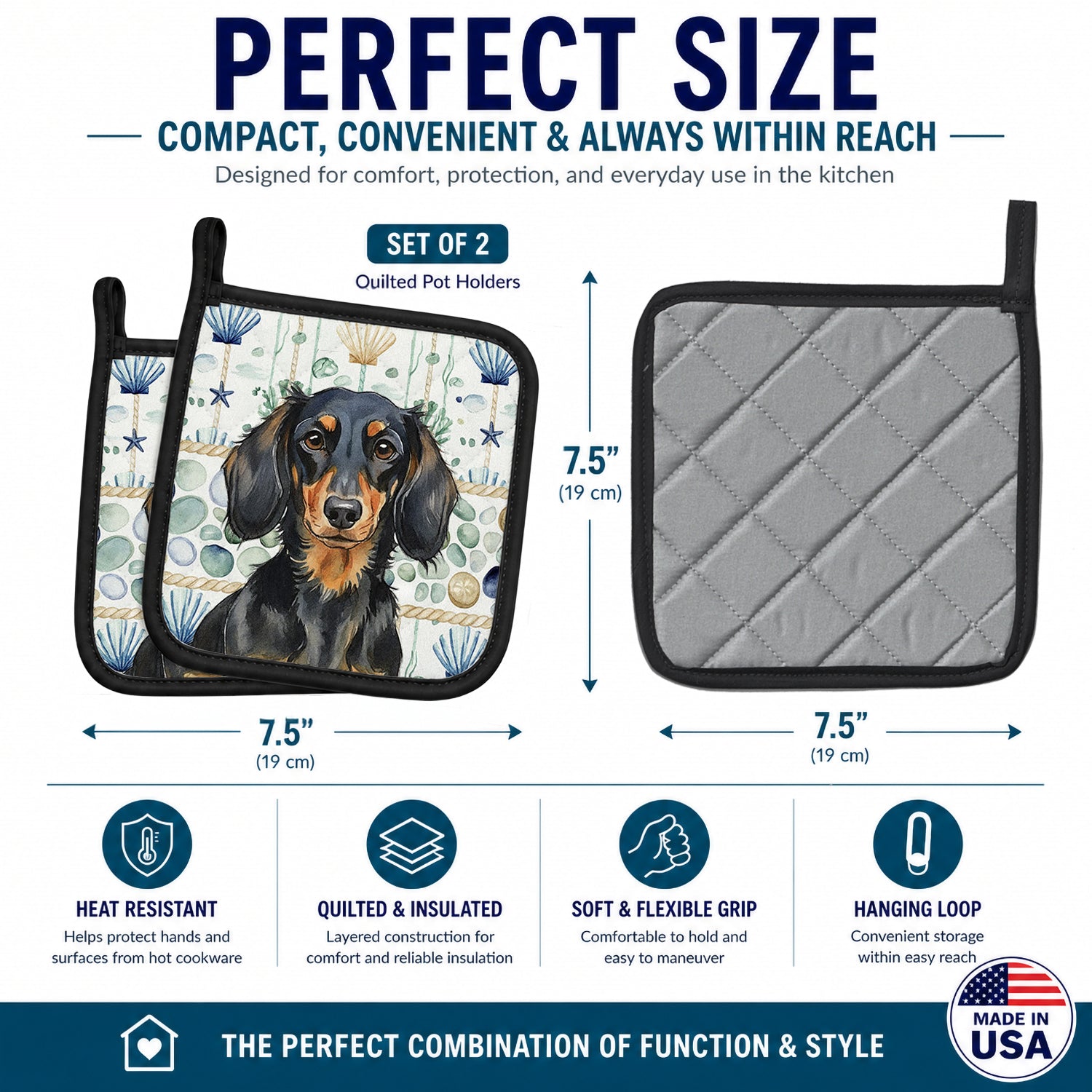 Longhaired Black and Tan Dachshund Coastal Sea Glass Pot Holder Set of 2 Heat Resistant Quilted Hot Pads 7.5 x 7.5 Inch, Insulated Kitchen Trivets for Cooking & Baking