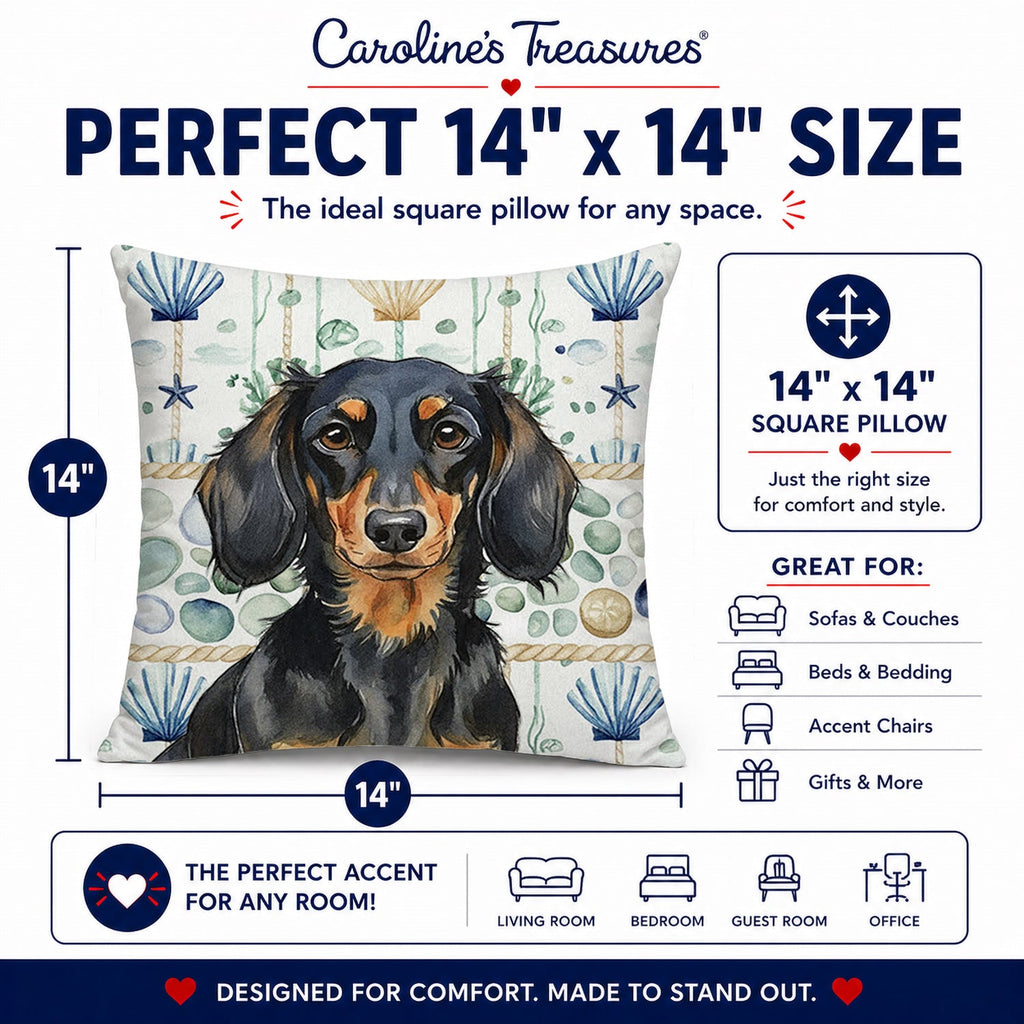 Longhaired Black and Tan Dachshund Coastal Sea Glass Decorative Throw Pillow 14x14 Indoor Outdoor Accent Cushion, Fabric Cover with Insert for Sofa, Bed, Porch & Living Room