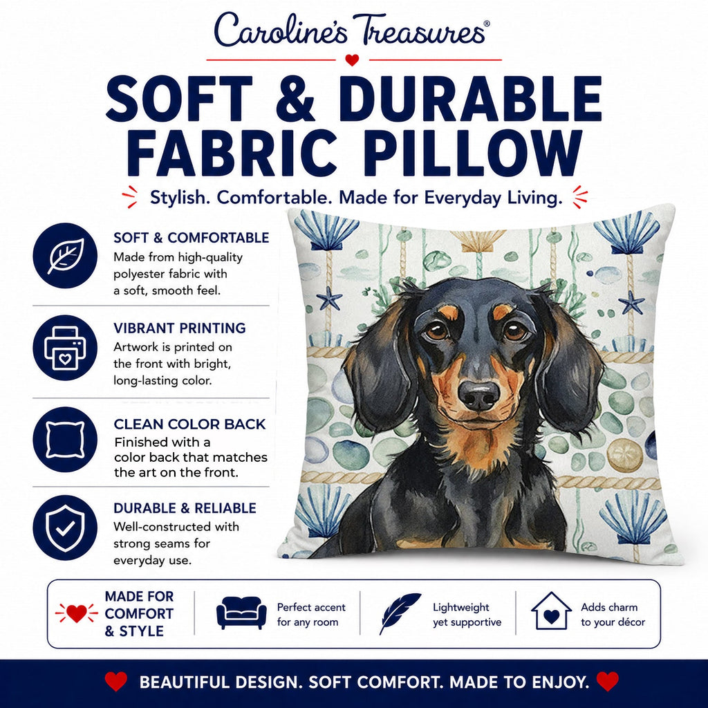 Longhaired Black and Tan Dachshund Coastal Sea Glass Decorative Throw Pillow 18x18 Indoor Outdoor Accent Cushion, Fabric Cover with Insert for Sofa, Bed, Porch & Living Room