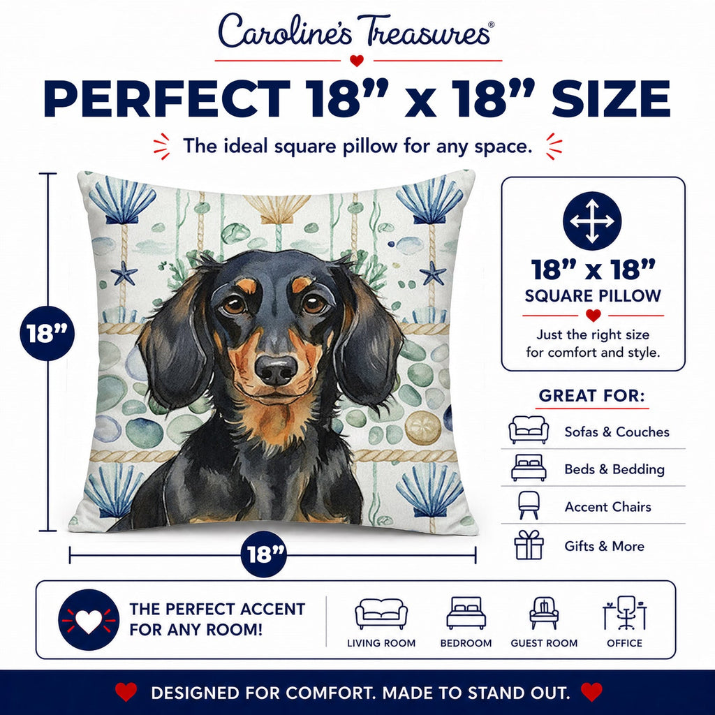 Longhaired Black and Tan Dachshund Coastal Sea Glass Decorative Throw Pillow 18x18 Indoor Outdoor Accent Cushion, Fabric Cover with Insert for Sofa, Bed, Porch & Living Room