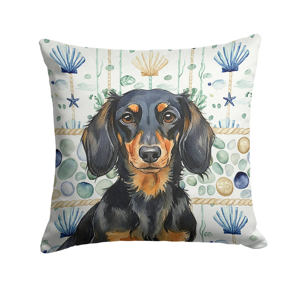 Longhaired Black and Tan Dachshund Coastal Sea Glass Decorative Throw Pillow 18x18 Indoor Outdoor Accent Cushion, Fabric Cover with Insert for Sofa, Bed, Porch & Living Room