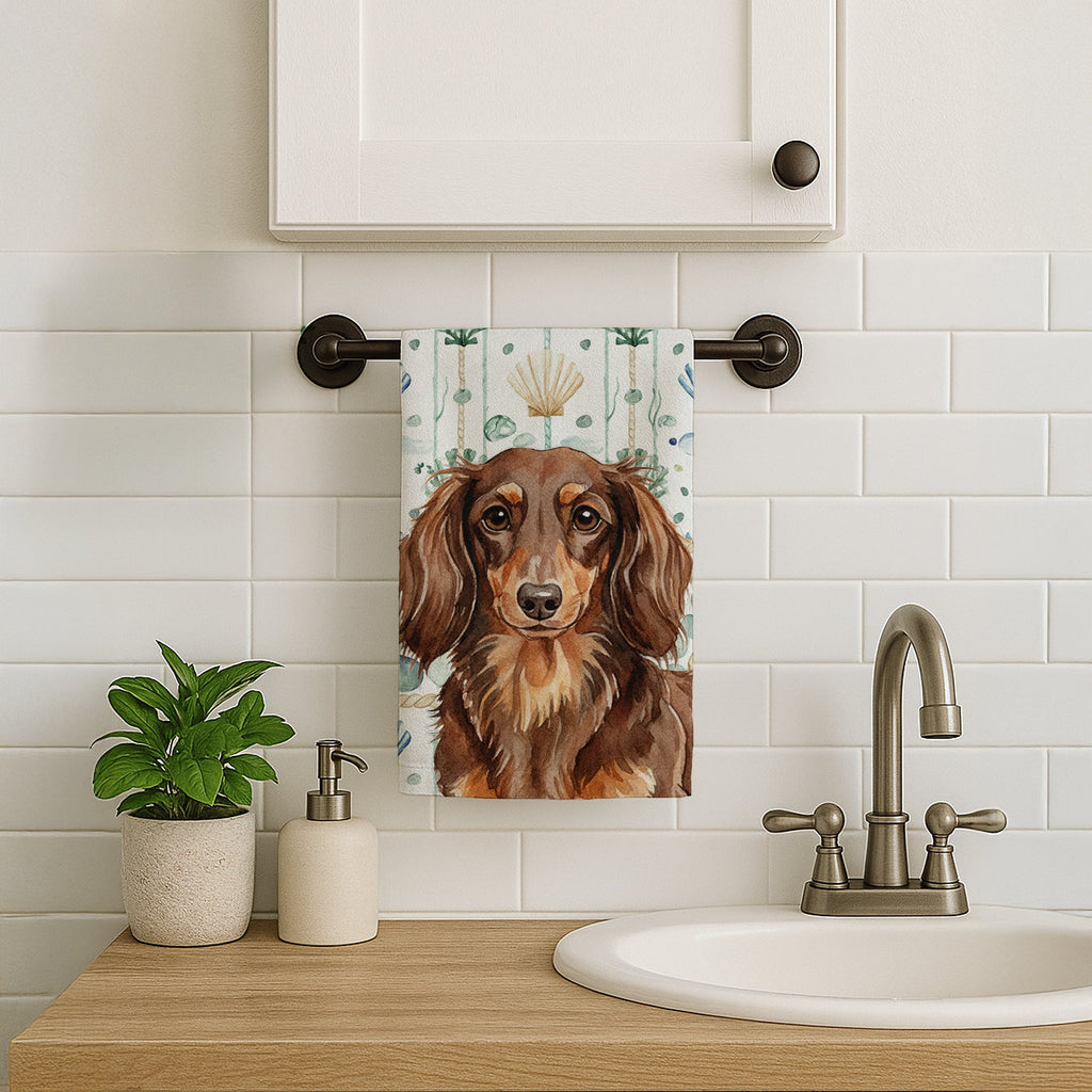 Longhaired Chocolate and Tan Dachshund Coastal Sea Glass Kitchen Towel Velour Plush Front and Cotton Loop Back Machine Washable