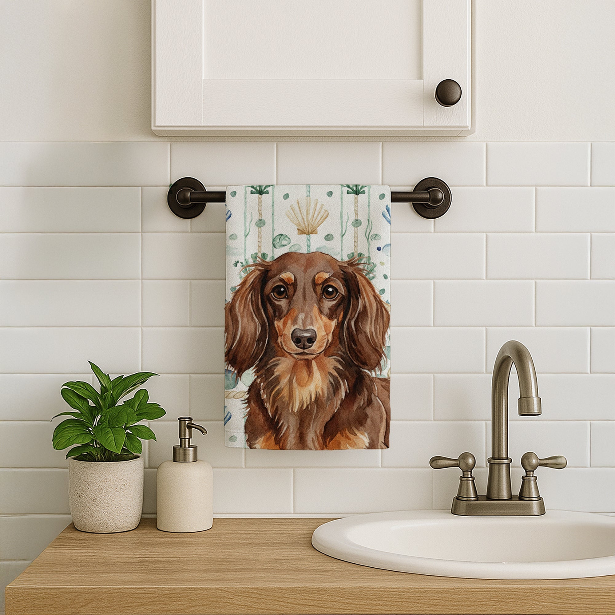 Longhaired Chocolate and Tan Dachshund Coastal Sea Glass Kitchen Towel Velour Plush Front and Cotton Loop Back Machine Washable