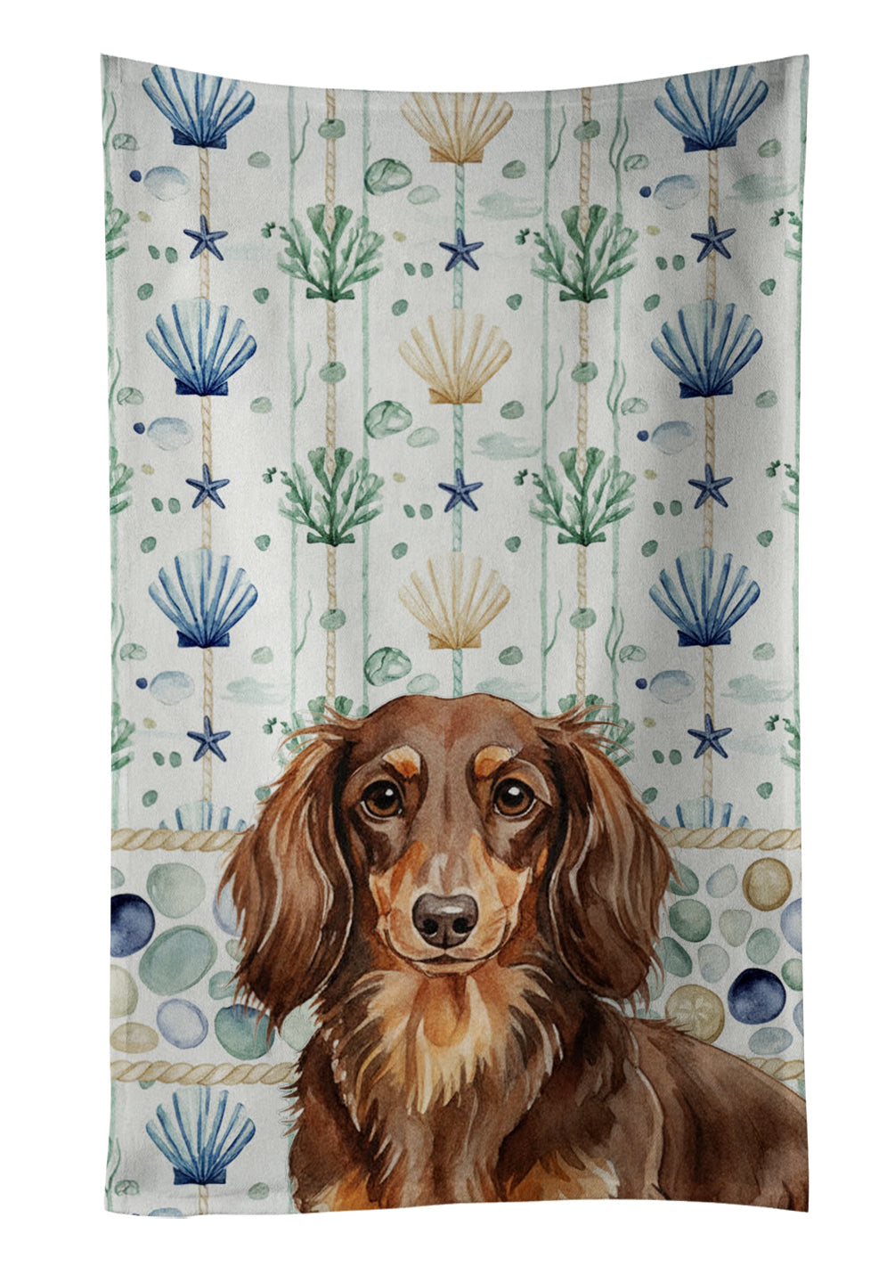 Longhaired Chocolate and Tan Dachshund Coastal Sea Glass Kitchen Towel Velour Plush Front and Cotton Loop Back Machine Washable