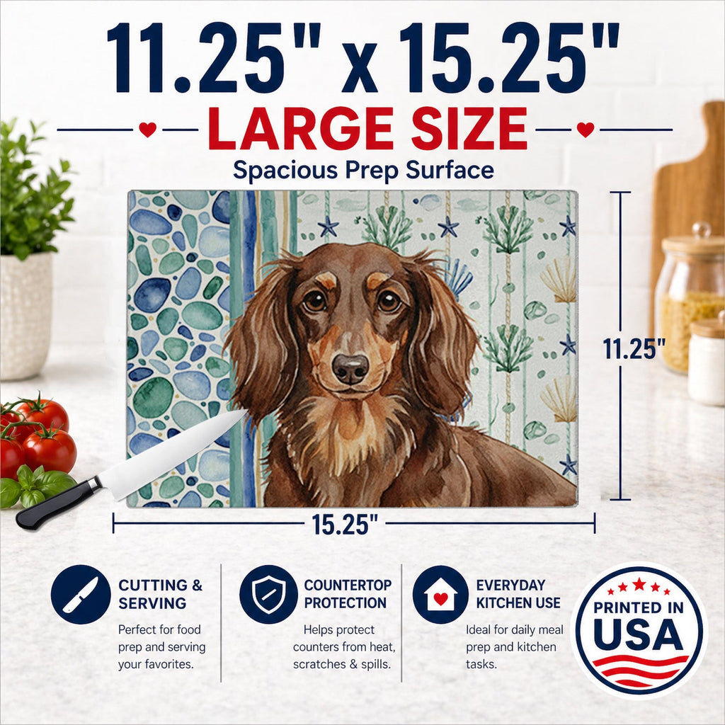 Longhaired Chocolate and Tan Dachshund Coastal Sea Glass Cutting Board Tempered Glass Kitchen Cutting Surface, Heat Resistant Chopping, Non-Slip Feet, Food Prep & Serving
