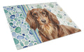 Longhaired Chocolate and Tan Dachshund Coastal Sea Glass Cutting Board Tempered Glass Kitchen Cutting Surface, Heat Resistant Chopping, Non-Slip Feet, Food Prep & Serving